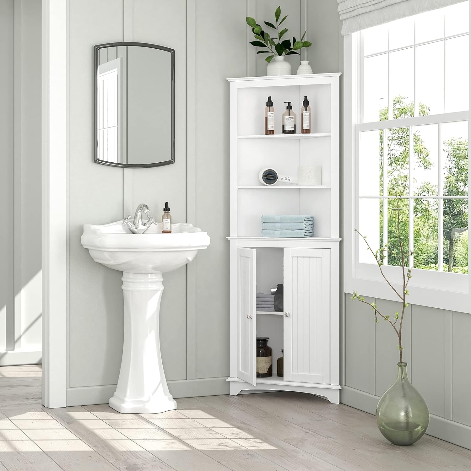 Spirich Tall Corner Cabinet with Doors and Shelves, Freestanding Corner Storage Cabinet for Bathroom, Kitchen, Living Room, White