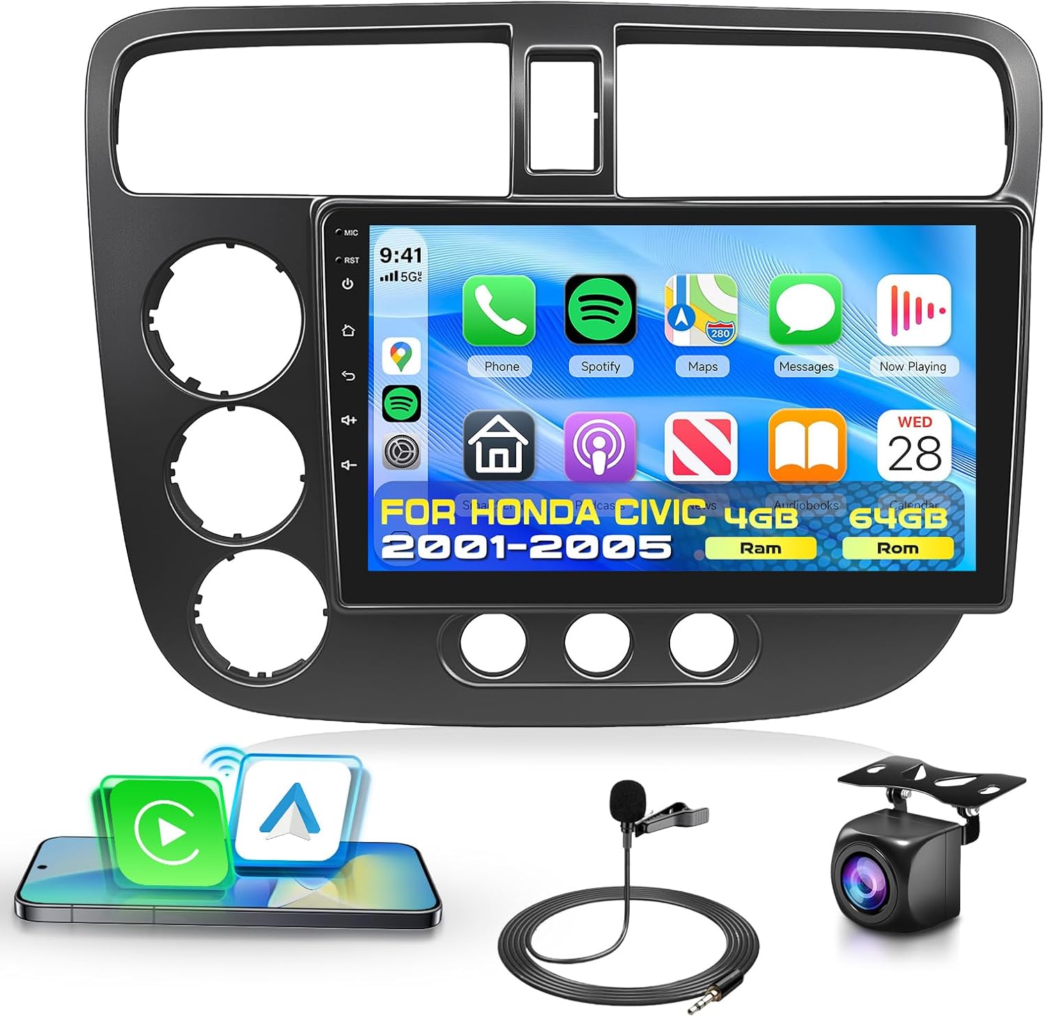 4G+64G Car Radio Stereo with HiFi Audio for Honda Civic 2001-2005, Wireless CarPlay/Android Auto 9 Inch HD Touch Screen Android 13 GPS WiFi Bluetooth FM/RDS EQ HD Backup Camera