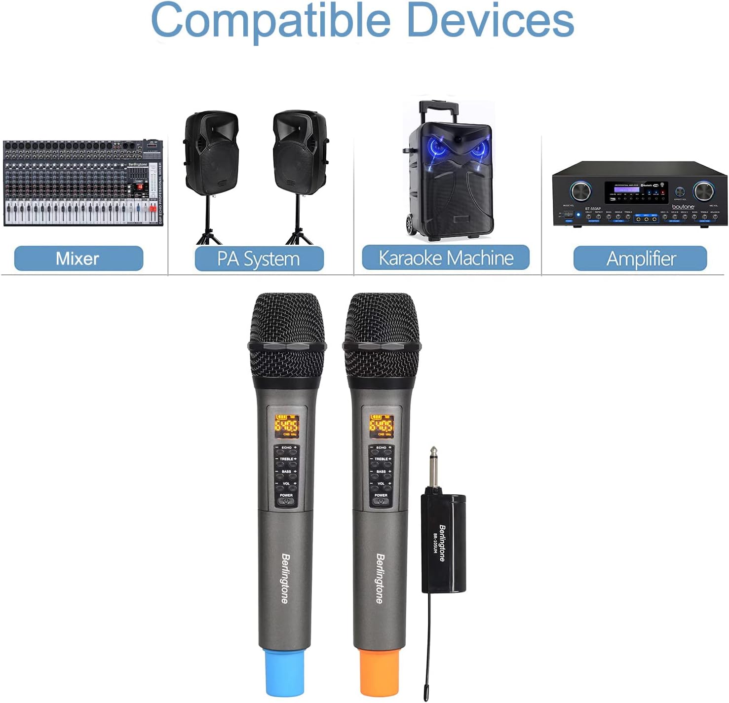 Berlingtone) Dual UHF Wireless Dynamic Handheld Microphone Systems, 60 Adjustable Frequency Channel, with Echo, Treble, Bass Volume, Rechargeable Battery, for Singing, Church, up to 200Ft. Range