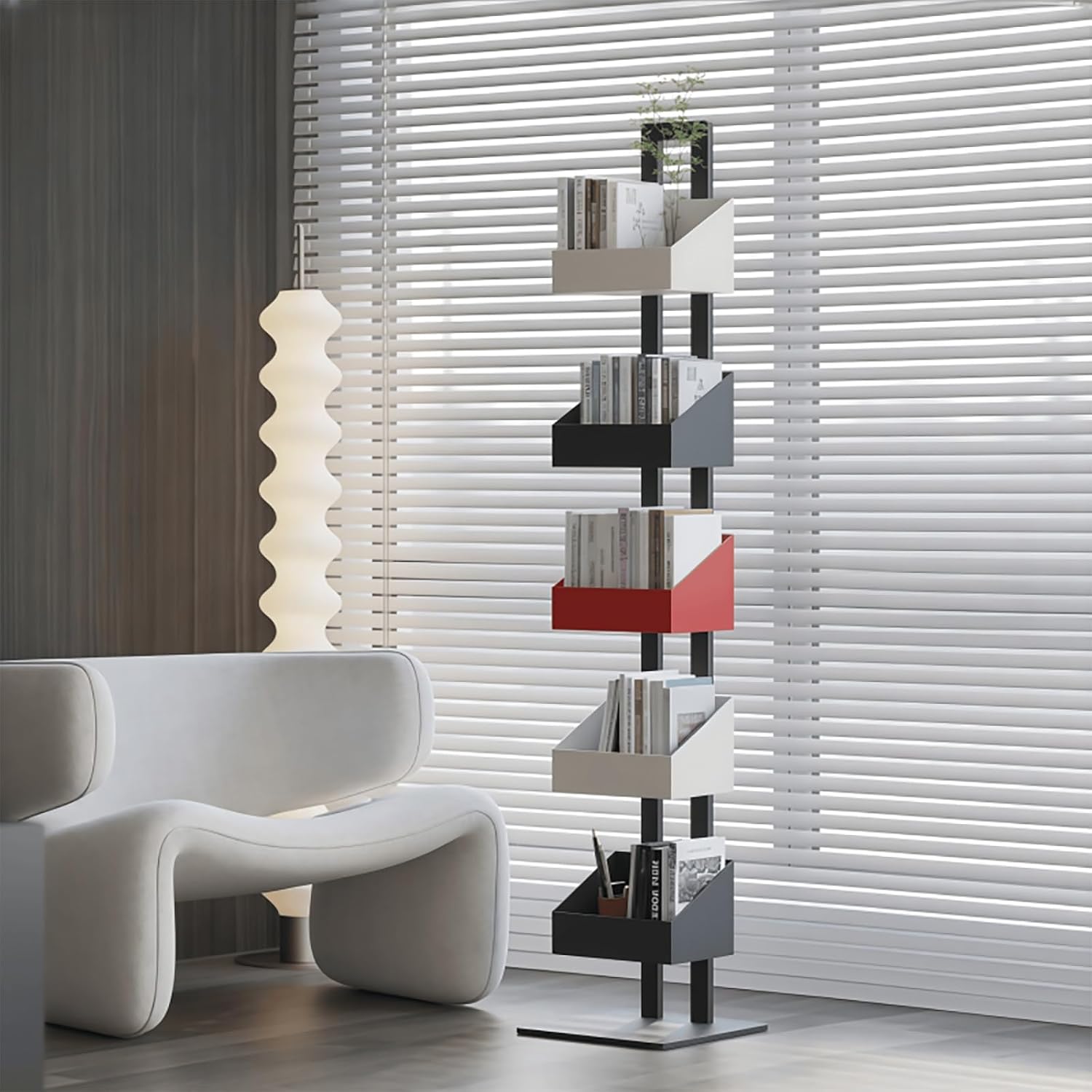 Metal Vertical Bookshelf Tower, Freestanding Spine Bookcase for Small Spaces, Modern Storage Corner Shelf for Living Room, Office, Bedroom Decor(112cm/44.1in)