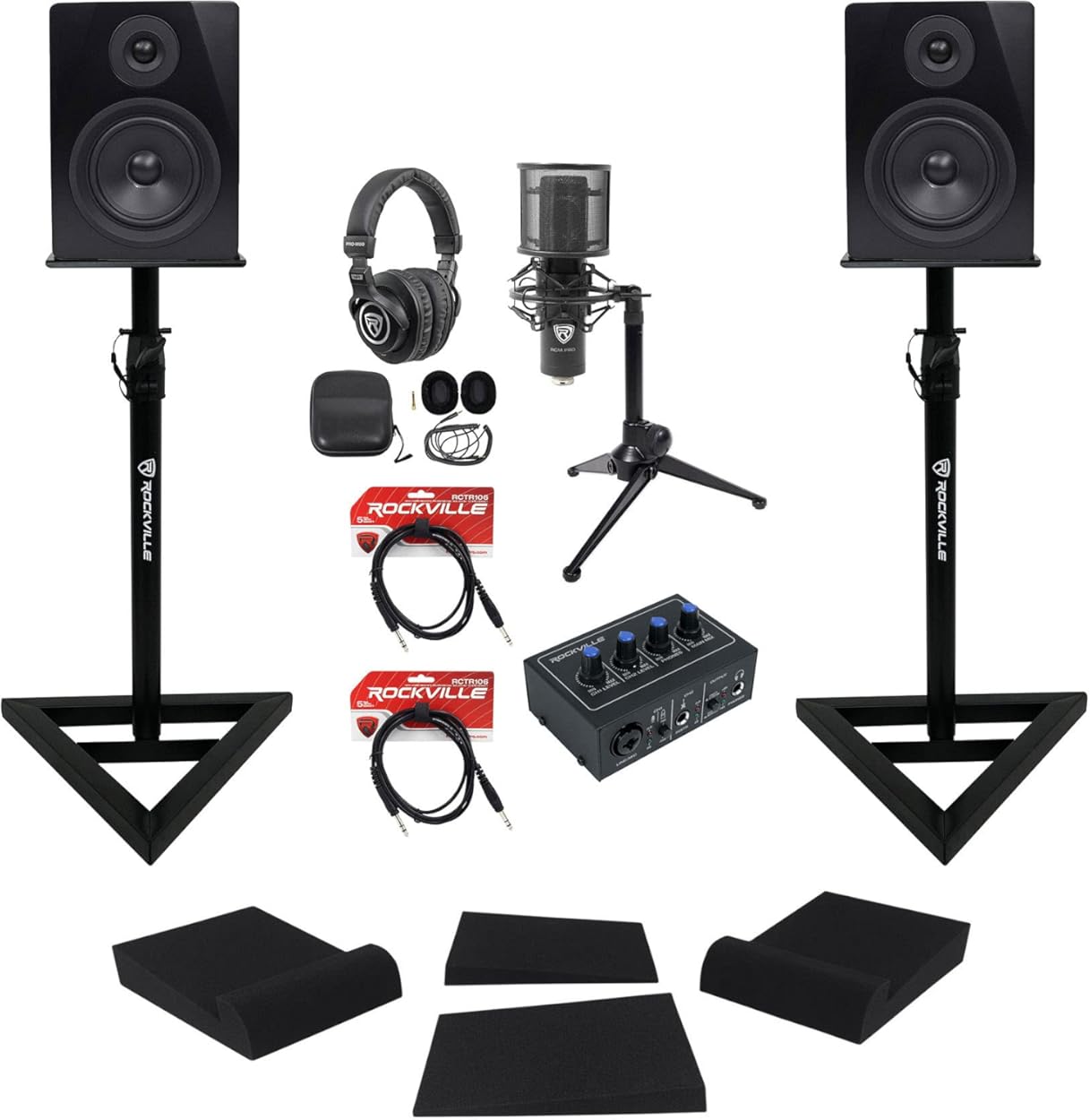 Rockville Rock-U MINI Computer Recording Interface Bundle with RCM PRO Mic, PRO-M50 Headphones, (2) APM5B Speakers, RVSM1 Stands, RDTS Tripod, (2) RRS190S Isolation Pads & (2) RCTR106B Cable(8 Items)