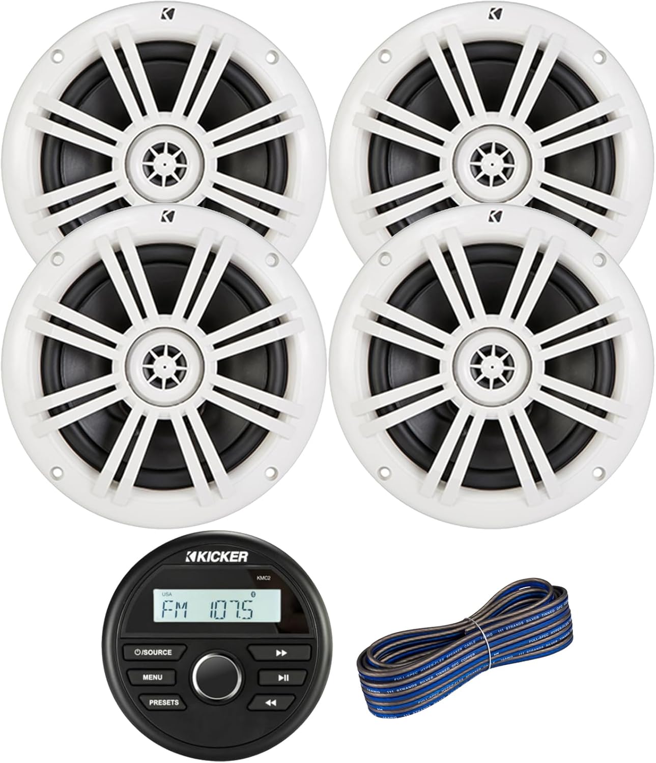 Kicker All-Weather Marine Gauge Style Bluetooth USB Stereo Receiver Bundle Combo with 2 Pair (Qty 4) 6.5