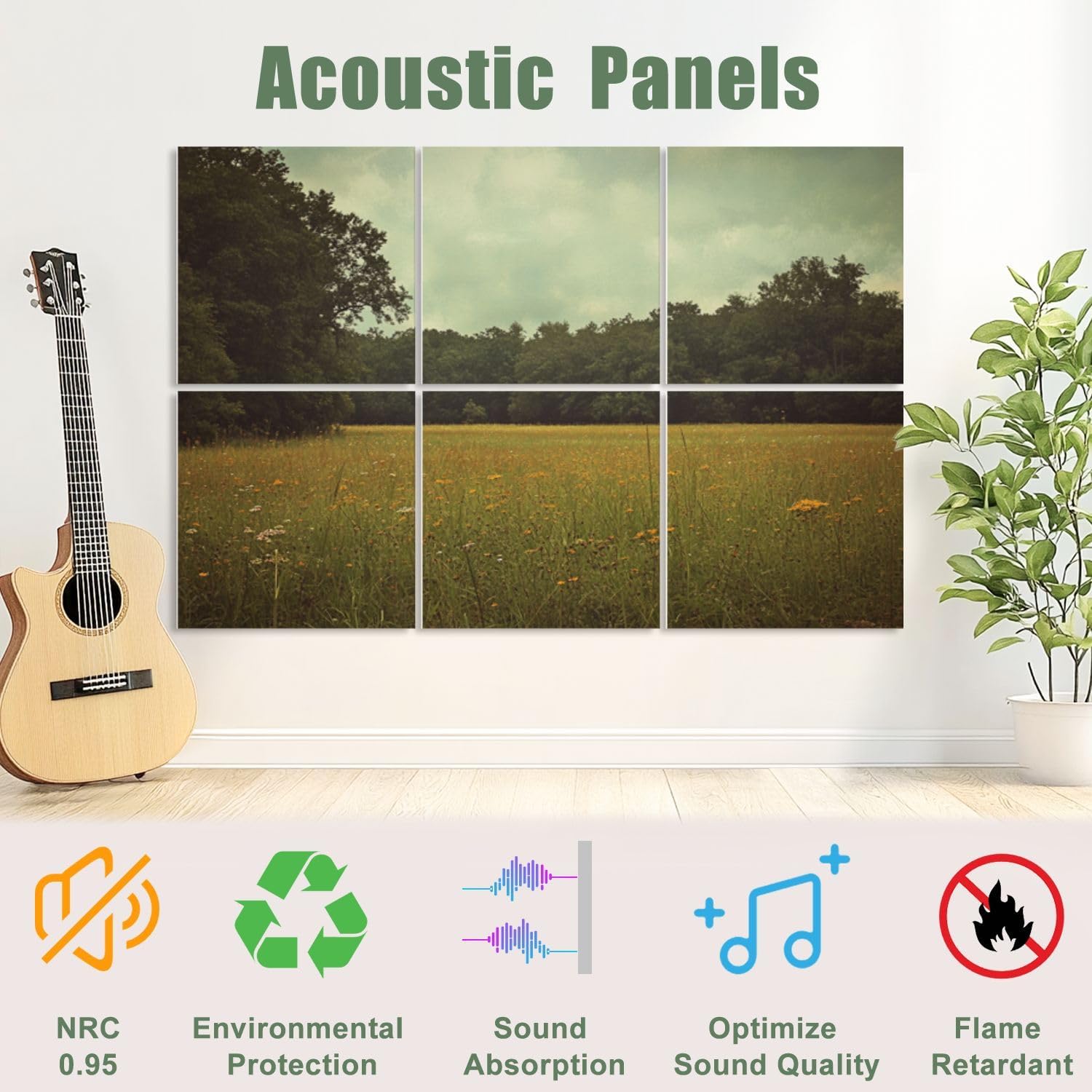 6 Pack Art Acoustic Panels Sound Absorbing Flowers Landscape Field Of Wildflowers Dense Overcast Sky Grass Decorative Soundproof Wall Panels Self Adhesive for Recording Studios Office 72