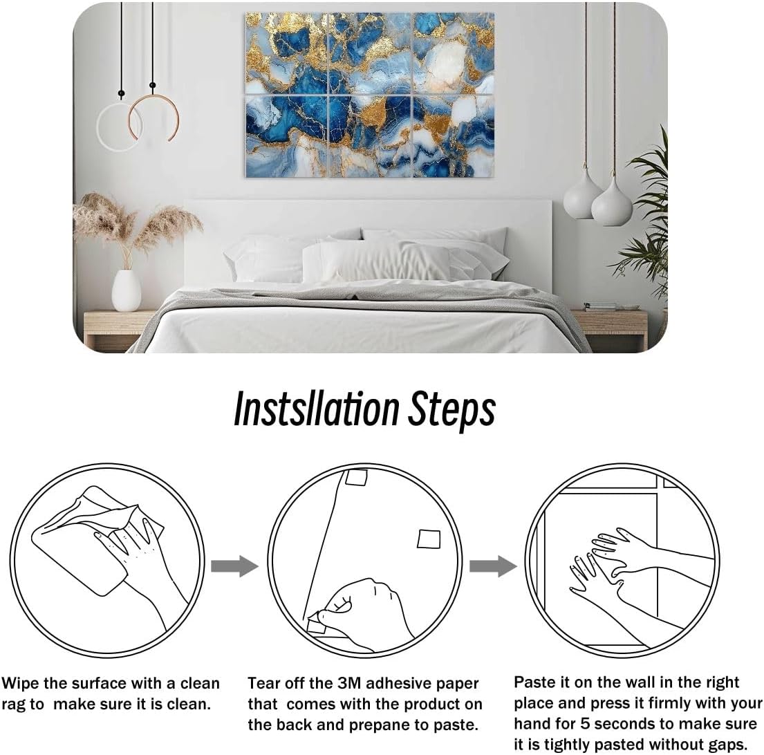 6 Pack Art Acoustic Panels Luxury marble art marbling texture Blue gold Image Soundproof Wall Panels, 48