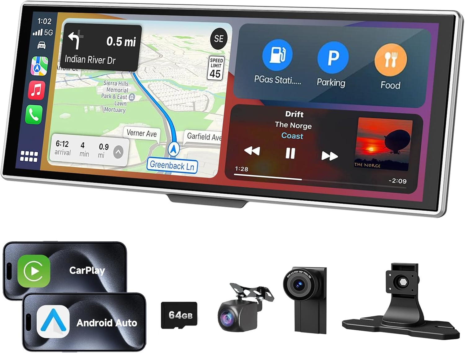 11.26 Inch HD Touchscreen Car Display, Wireless CarPlay/Android Auto Screen for Car, Navigation System with 4K Dash Cam, Backup Camera, 64GB Memory, Voice Control