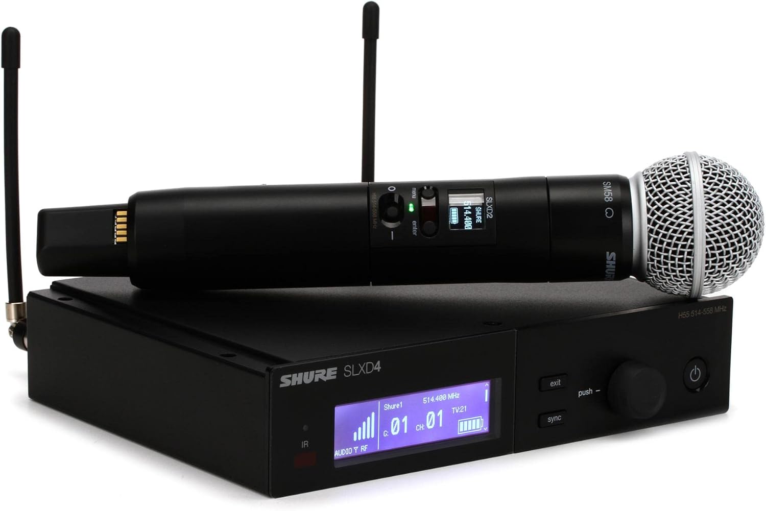 Shure SLXD24/SM58 Digital Wireless Microphone System - Includes SLXD2 Handheld Transmitter with SM58 Vocal Mic Capsule and SLXD4 Single Channel Rack Mount Receiver | H55 Band (SLXD24/SM58-H55)