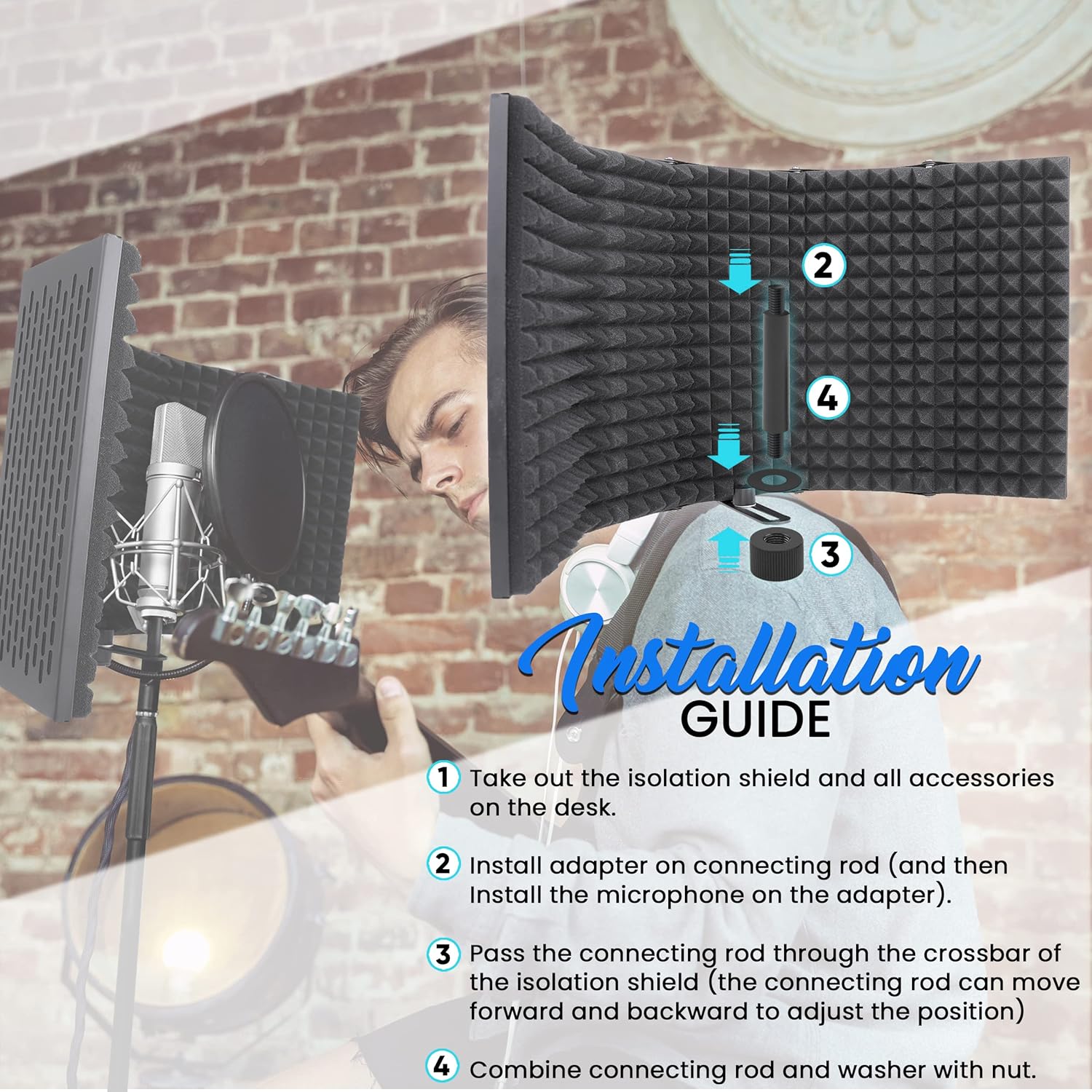 Pyle Studio Microphone Sound Isolation - Enhance Vocals & Singing with 5 Folding Acoustic Panels, Adjustable Depth & Removable Shock Mount - Ideal Podcast Equipment for Singers & Recording