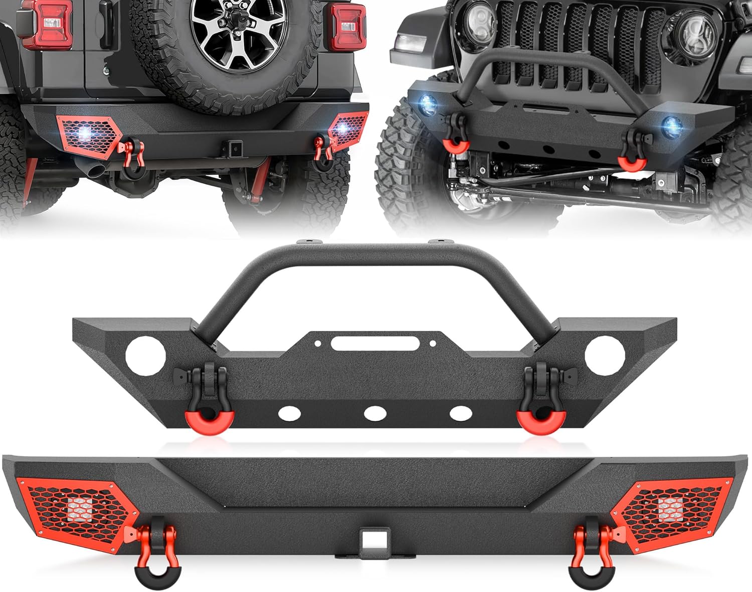 for JL JLU Front and Rear Bumpers Compatible with 2018-2026 Jeep Wrangler JL JLU Bumper with Winch Plate, LED Lights, Bull Bar, 2