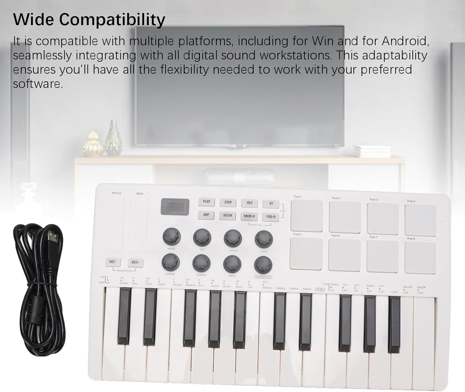 Portable Bluetooth MIDI Keyboard Controller, 25 Key MIDI Controller with 8 Backlit Drum Pads & 8 Knobs, for Musician Music Production