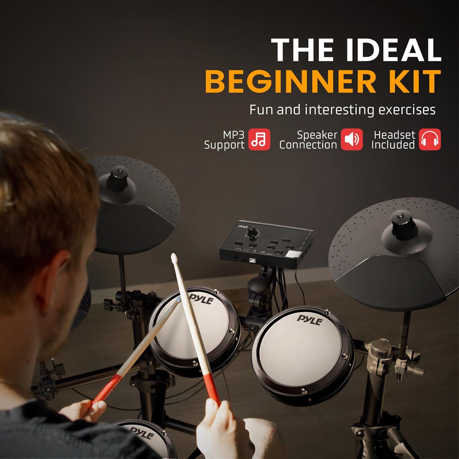 Pyle Electronic Drum Set with 4 Quiet Mesh Pads, 180 Sound Styles, 3 Cymbals, 2 Pedals, Throne, Headphones, Sticks, AUX, USB MIDI, Electric Drum Kit for Beginners Students Professionals