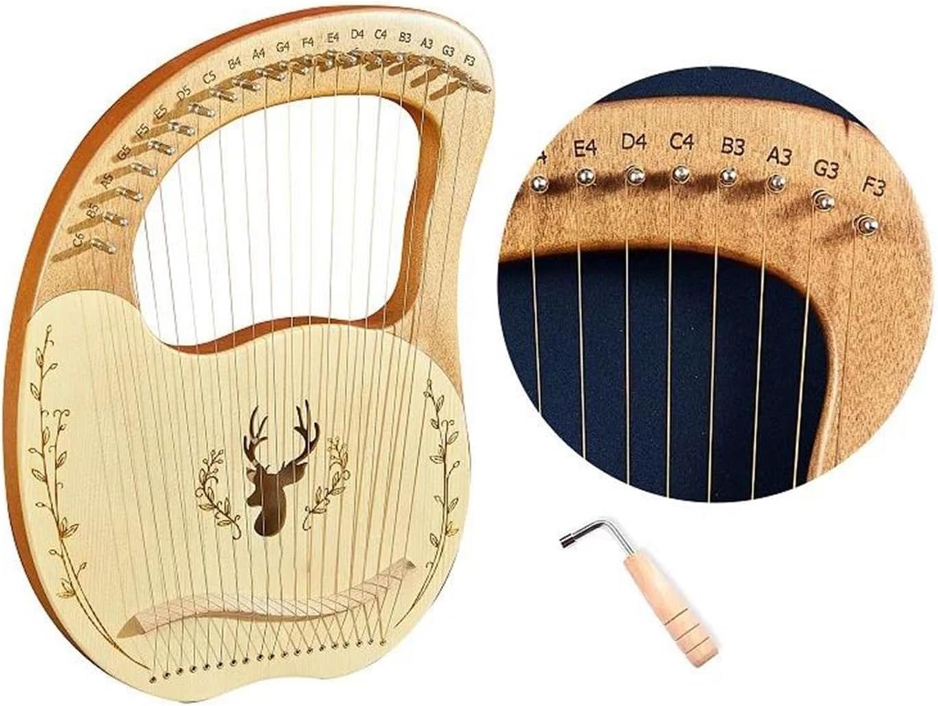 Lyre Harp Set 19 Strings Lyre Harp Mahogany Wood Harp Piano Stringed Musical Instrument With Tuning Wrench Spare Strings(Wood color)