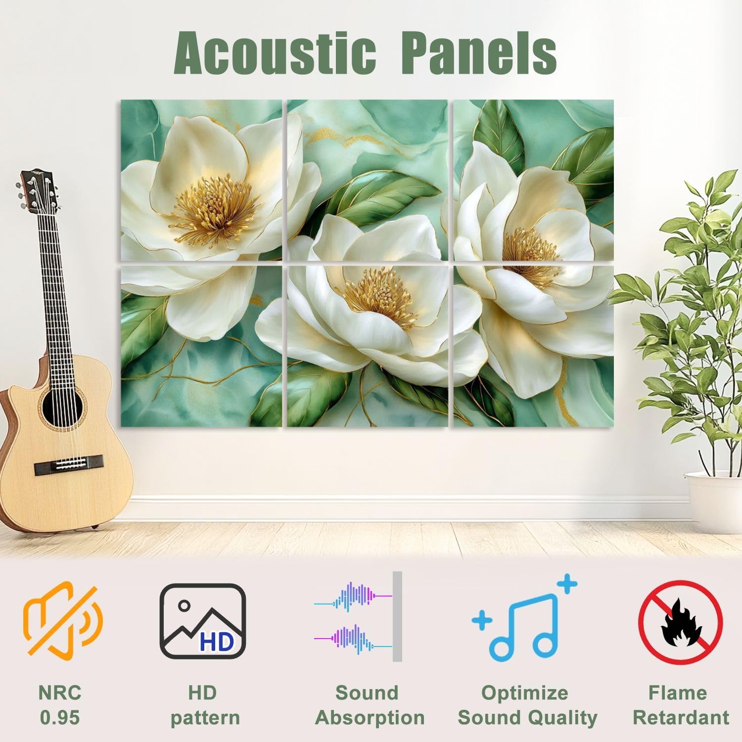 6 Pack Art Acoustic Panels Sound Absorbing Vintage Marble Floral Gold Green White Metal Flowers Magnolia Accents Decorative Soundproof Wall Panels Self Adhesive for Recording Studios Office 72