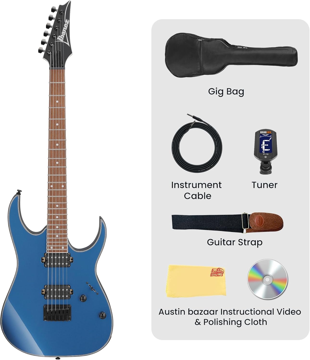 Ibanez RG421EX Standard Series Electric Guitar - Prussian Blue Metallic Bundle with Gig Bag, Tuner, Cable, Strap, Austin Bazaar Instructional DVD, and Polishing Cloth