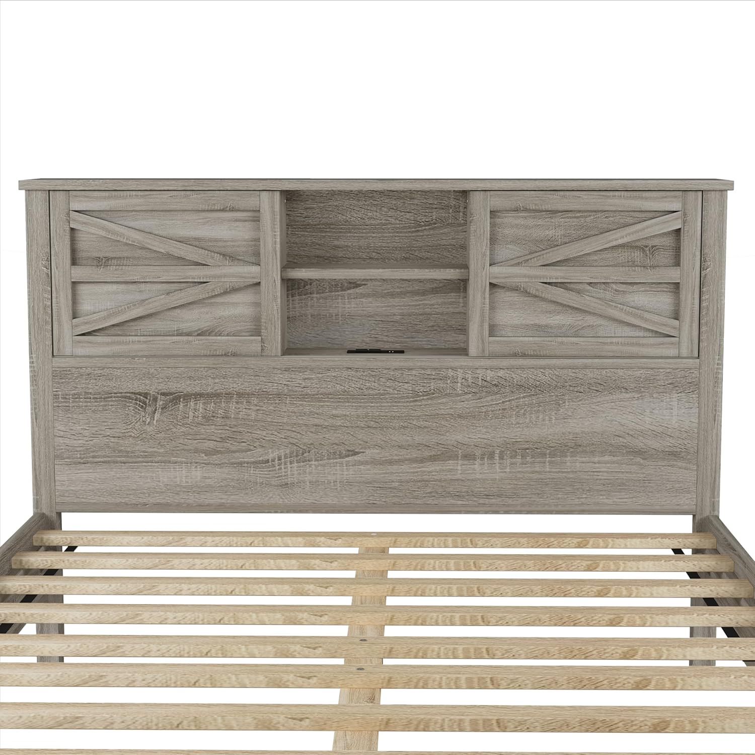 Farmhouse Bed Frame with Storage Headboard and Charging Station, Wood Queen Bed Frame with Sliding Doors, Farmhouse Platform Bed with USB Ports Antique Gray (Product H)