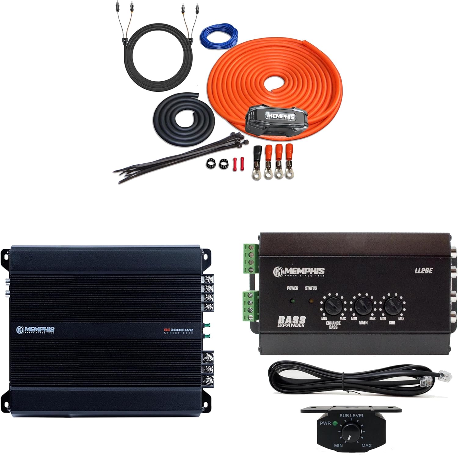 Memphis Audio SE1000.1V2 Street Edge 1000 Watt Monoblock Amplifier with 4GKIT 4-Gauge Amp Install Kit with ANL Fuse Holder and LL2BE 2-Channel Line Output Converter with Digital Bass Restoration
