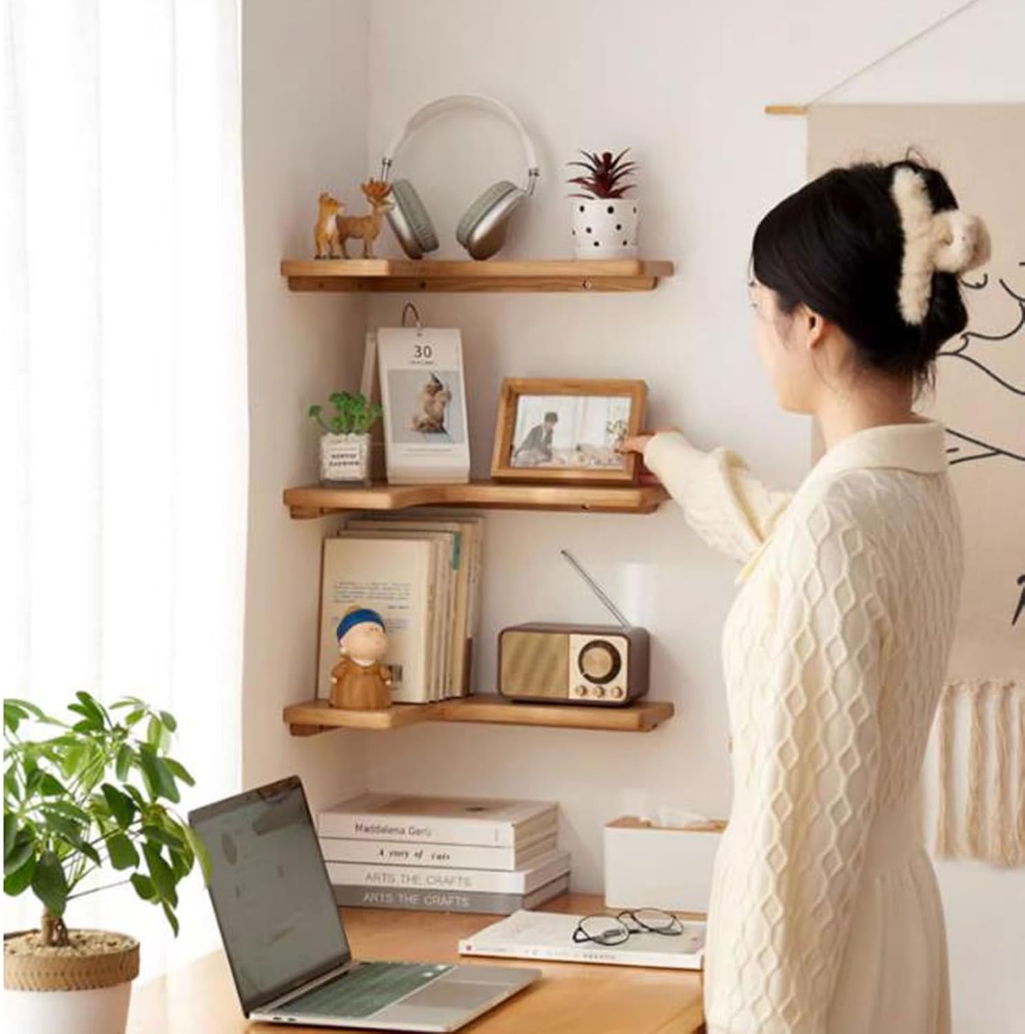 Floating Shelf Unit Solid Wood Corner Wall Mounted Set of 3, L Shape Wood Display Storage Wall Shelves Rack for Living Room, Bedroom, Office, Bathroom Kitchen & Decoration,Easy-to-Insta