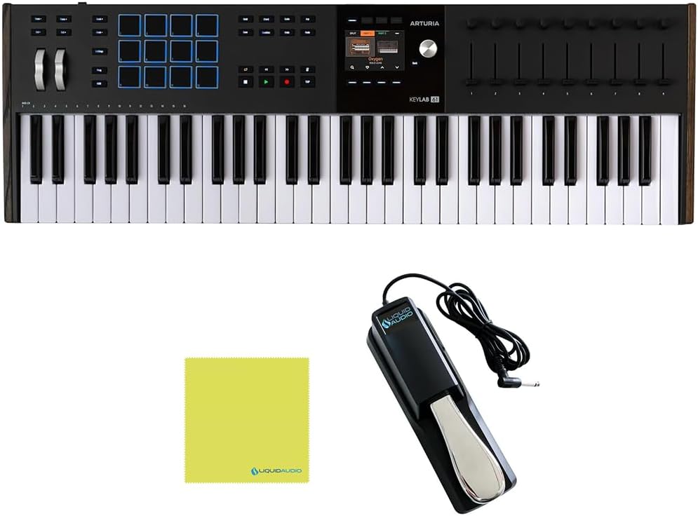 Arturia KeyLab 61 Mk3 Black Bundle with Sustain Pedal & Polishing Cloth – 61-Key USB MIDI Controller, DAW Integration, Faders, Encoders, Pads & Analog Lab Pro Software for Music Production