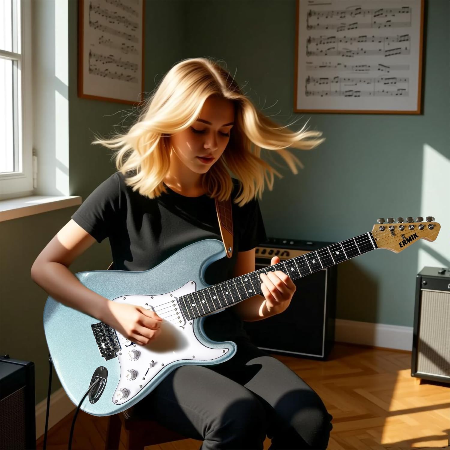 Ermik Soild Body Electric Guitar Kit with Amp 20W, Strings, Strap, Digital Tuner, Picks, Gig Bag, Cable, Tremolo Bar, 39