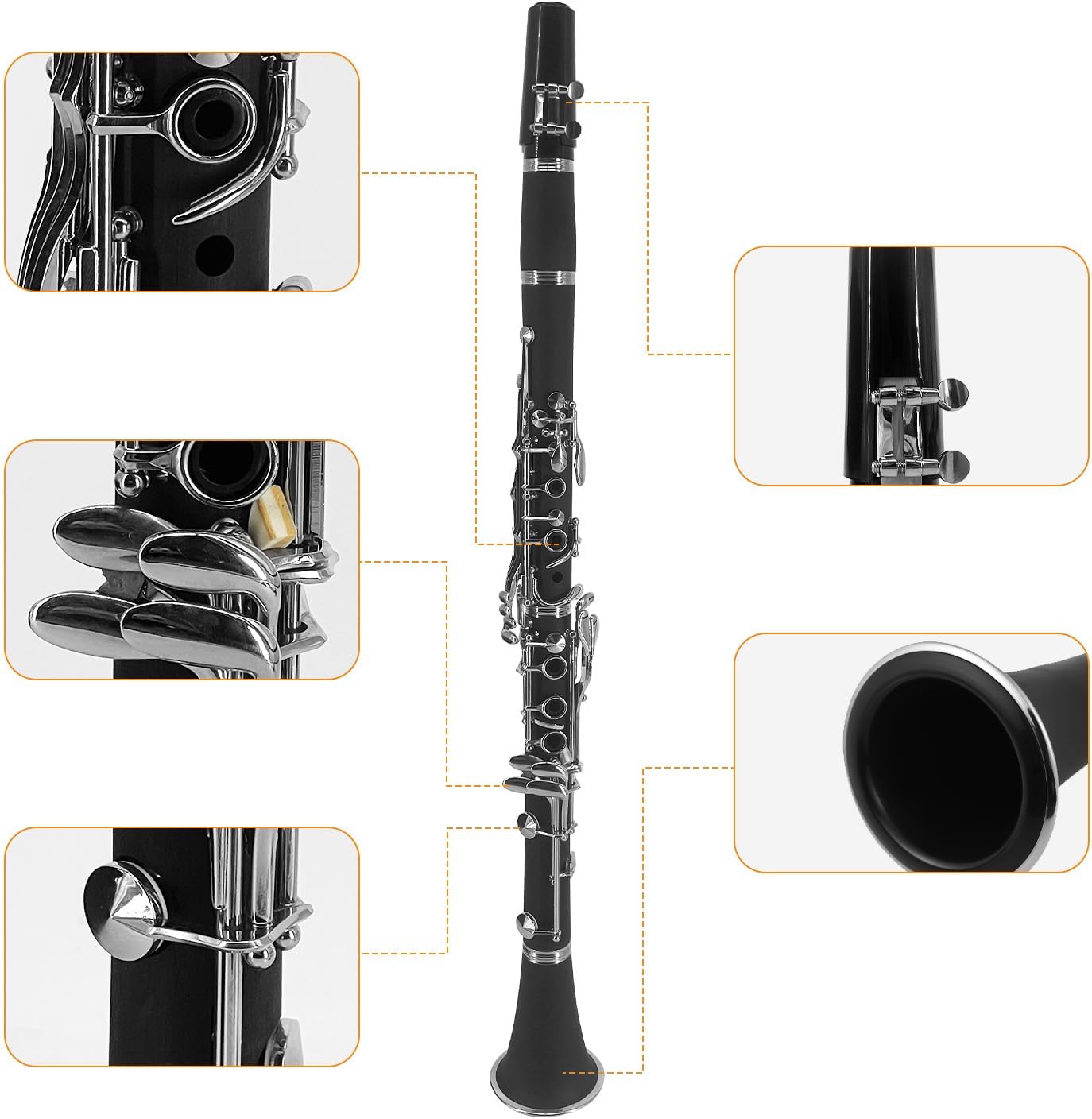 Bb Clarinet ABS Binocular With 10 Reeds, Cleaning Cloth, Gloves, Screwdriver, Bracket, Handbag, Cleaning Brush - Professional Ebonite Woodwind Instrument for Beginner Student