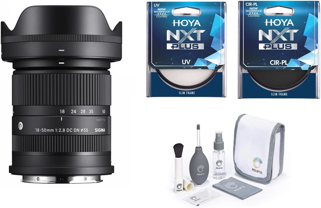 Sigma 18-50mm f/2.8 DC DN Contemporary Lens for Sony E, Bundle with Hoya NXT Plus 55mm UV+CPL Filter Kit and Cleaning Kit