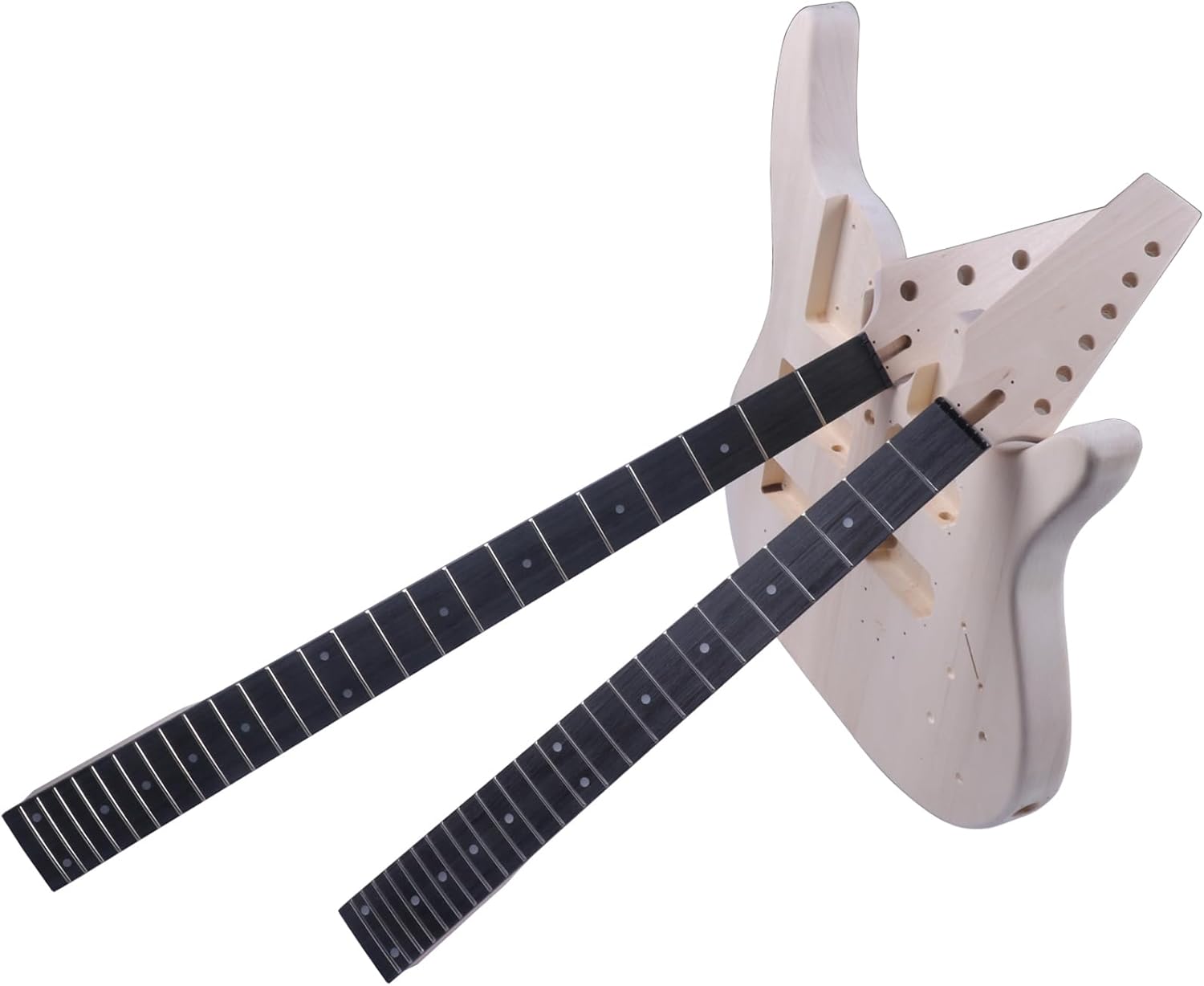 Double Neck DIY Electric Guitar and Bass Kit 6 String and 4 String Guitar Kit with Basswood Body Hard Maple Neck Engineered Fretboard Chrome Hardware Build Your Own Bass and Guitar.