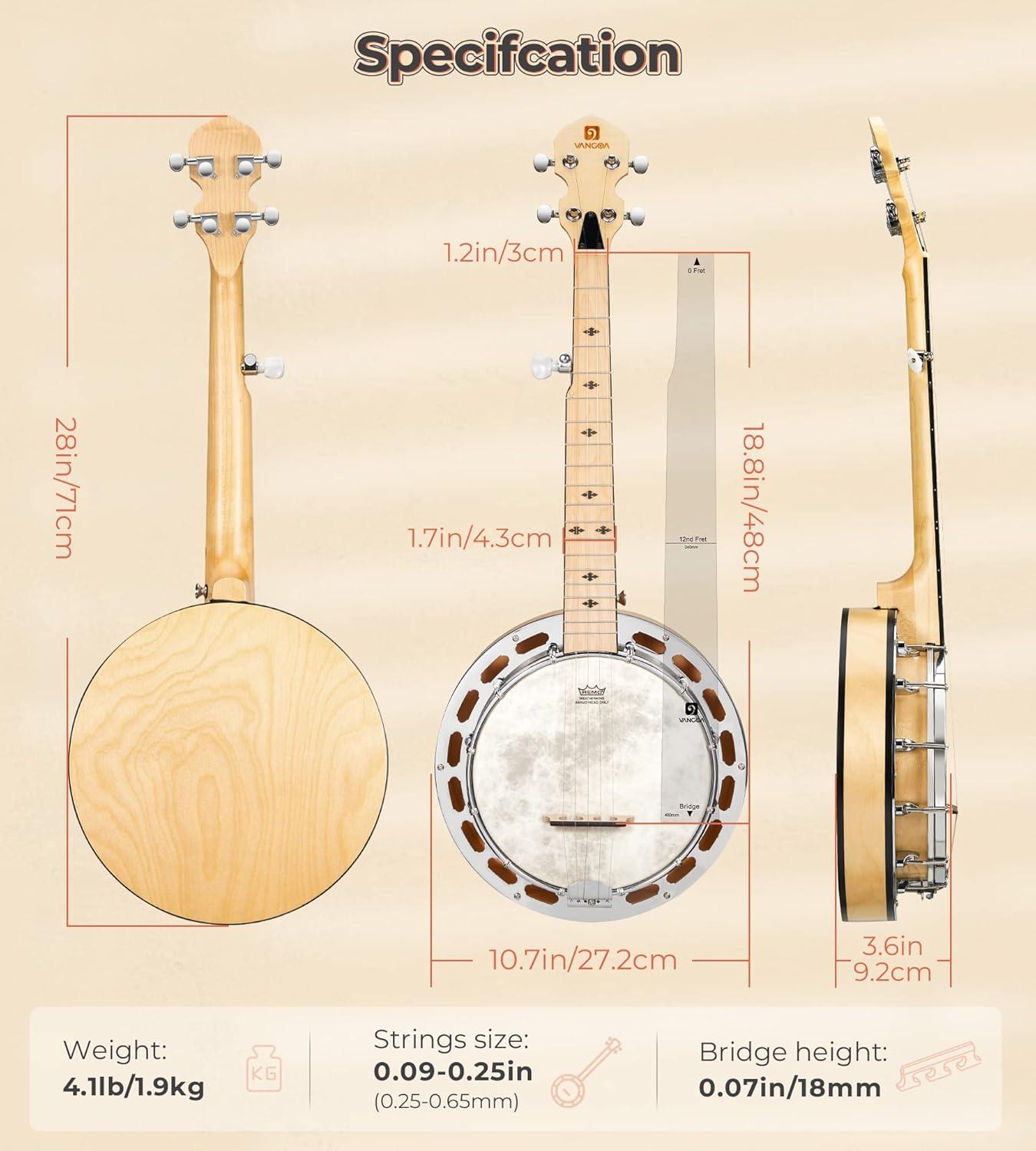 Vangoa Banjo Mini and 28 Inch Banjo with Tone Ring Set