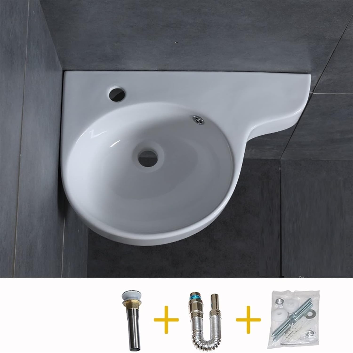 WASHLA Bathroom Sinks Wall Mount Corner Bathroom Sink White Mini Triangle Porcelain Ceramic Apartment Wall-Mounted Bathroom Sink Bowls Vessel Sink, Left Hole