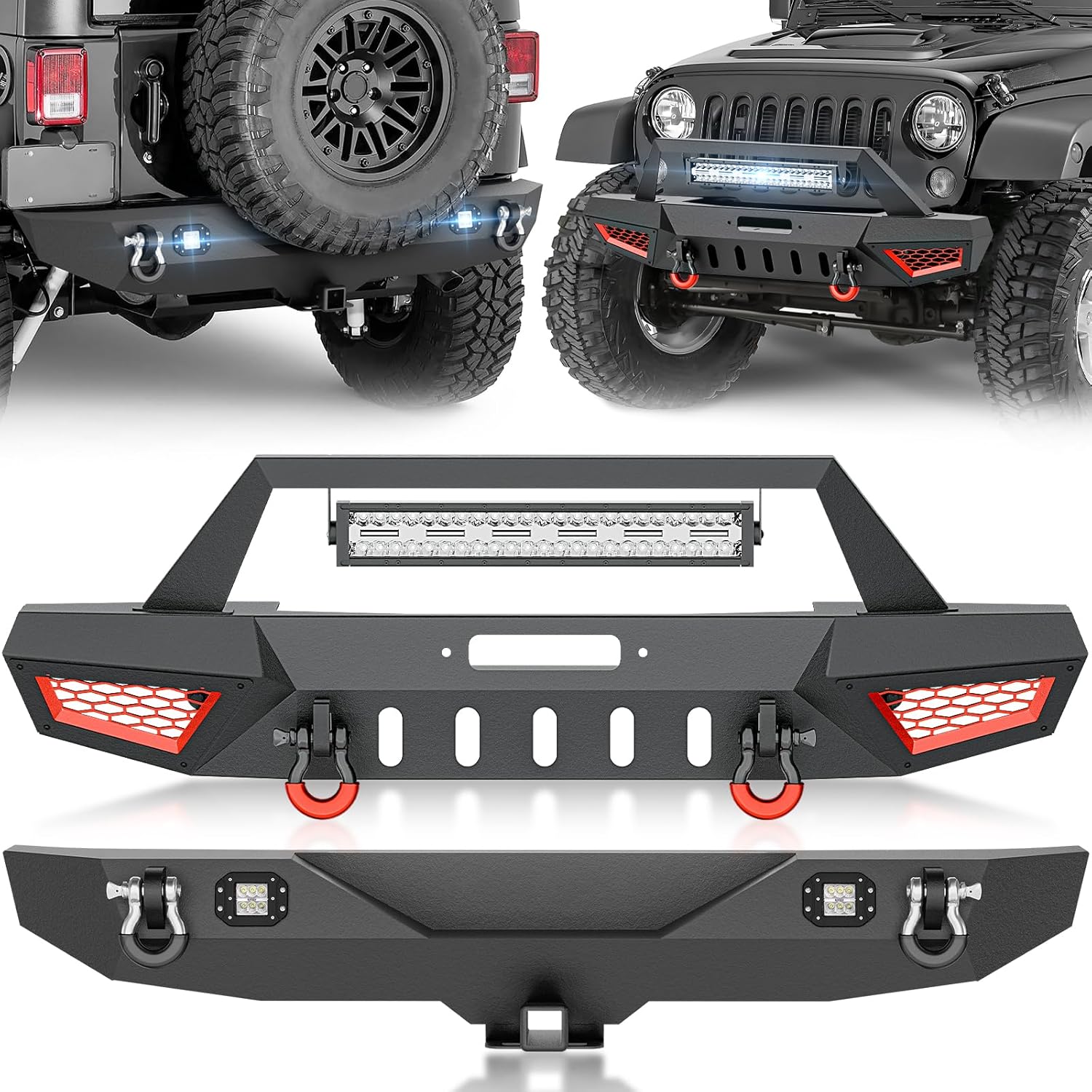 for JK Front & Rear Bumper Compatible with 2007 2008 2009 2010 2011 2012 2013 2014 2015 2016 2017 2018 Jeep Wrangler JK JKU with LED Lights, Winch Plate, D-rings, Hitch Receiver, Paintable Armor