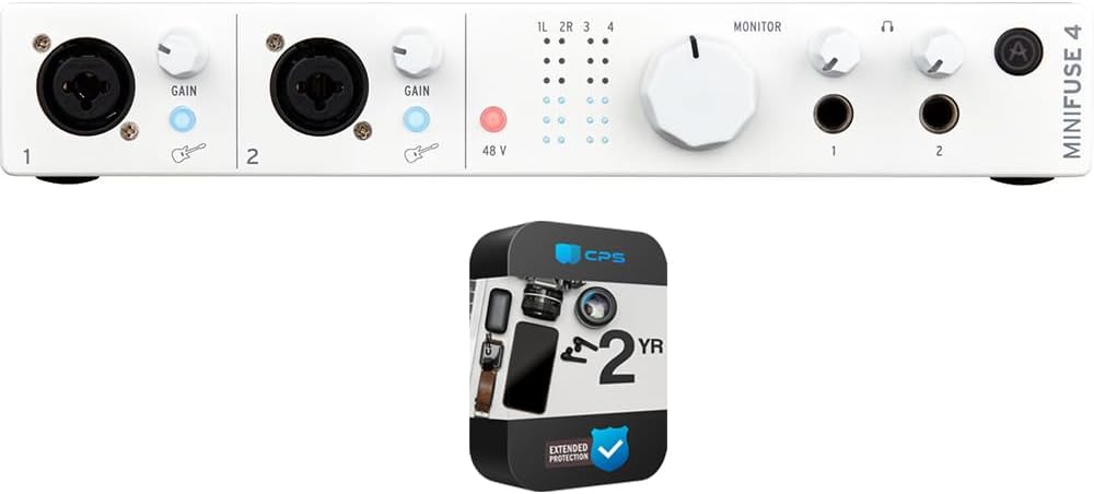 Arturia 800113 MiniFuse 4 Portable 4x Input USB-C MIDI Audio Interface White Bundle with CPS Exclusive 26 Month Protection Pack (BEACH-CPS-26M500ATV)