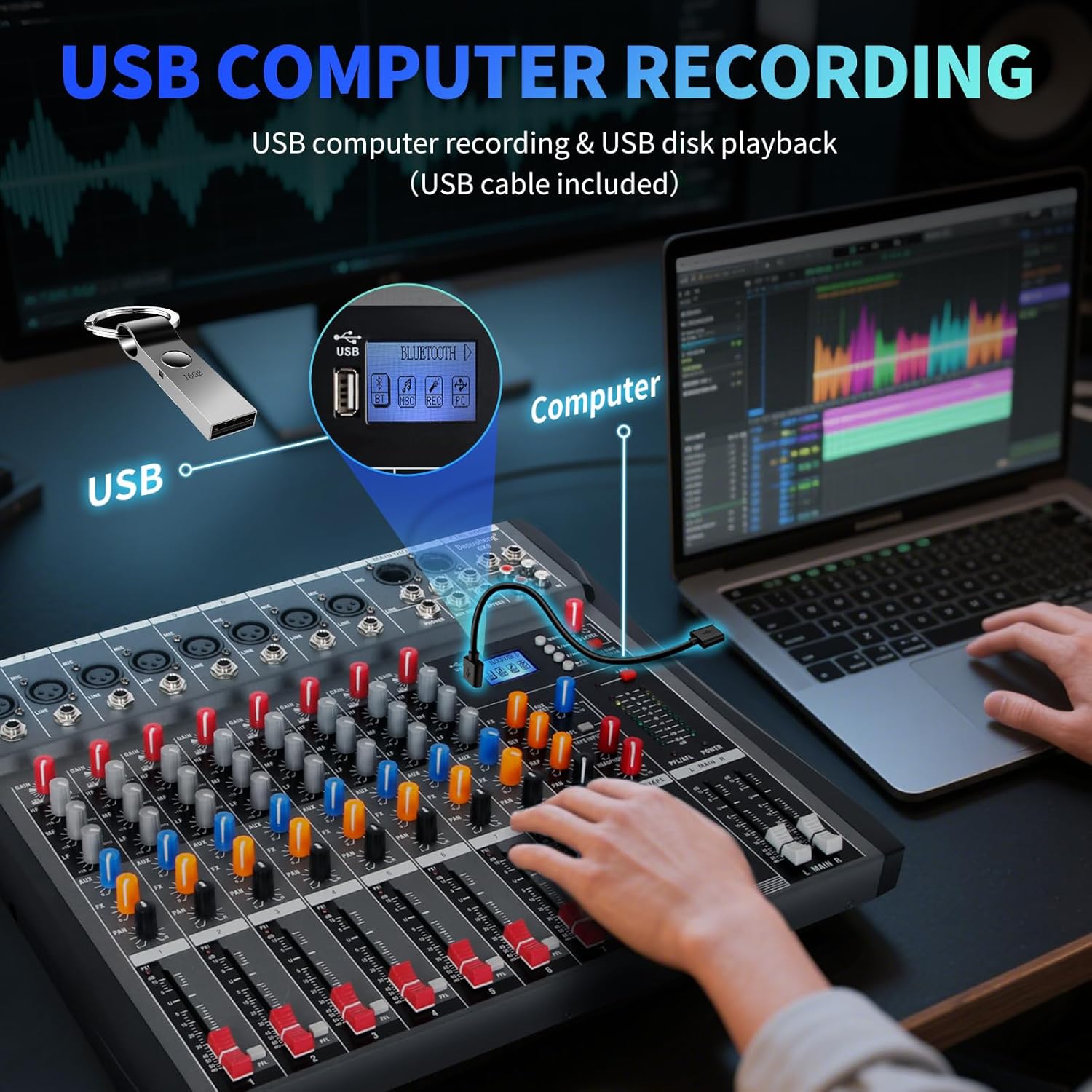 Depusheng Audio Mixer Professional 8 channel,DX8 Sound Board DJ Mixing Console System Interface USB MP3 Input Bluetooth 48V Phantom Power,Black, USB Audio Mixer for PC,for Studio Karaoke Live Music