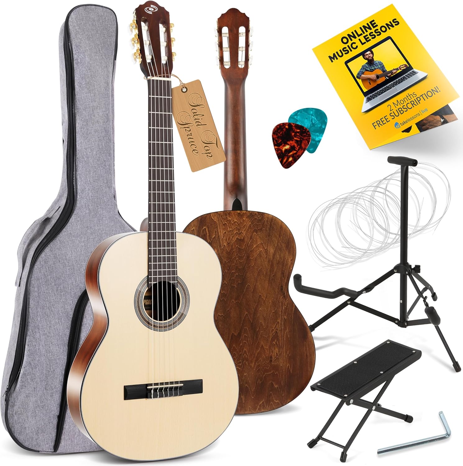 Pyle Premium Solid Spruce Top Classical Acoustic Guitar Kit, 4/4 Full Size Classic All Wood Handcrafted Instrument with Gig Bag, Picks, Stand and Foot Stool, 39