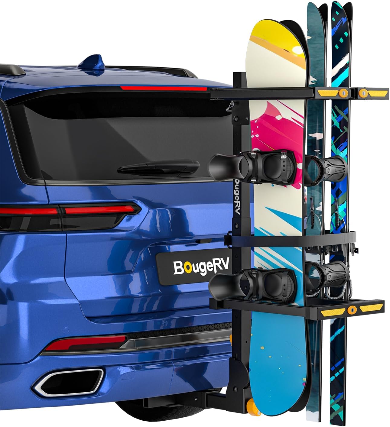 BougeRV 2025 Hitch Ski Snowboard Rack with Security Lock, Folding and Tilting for Trunk Access Fits 2