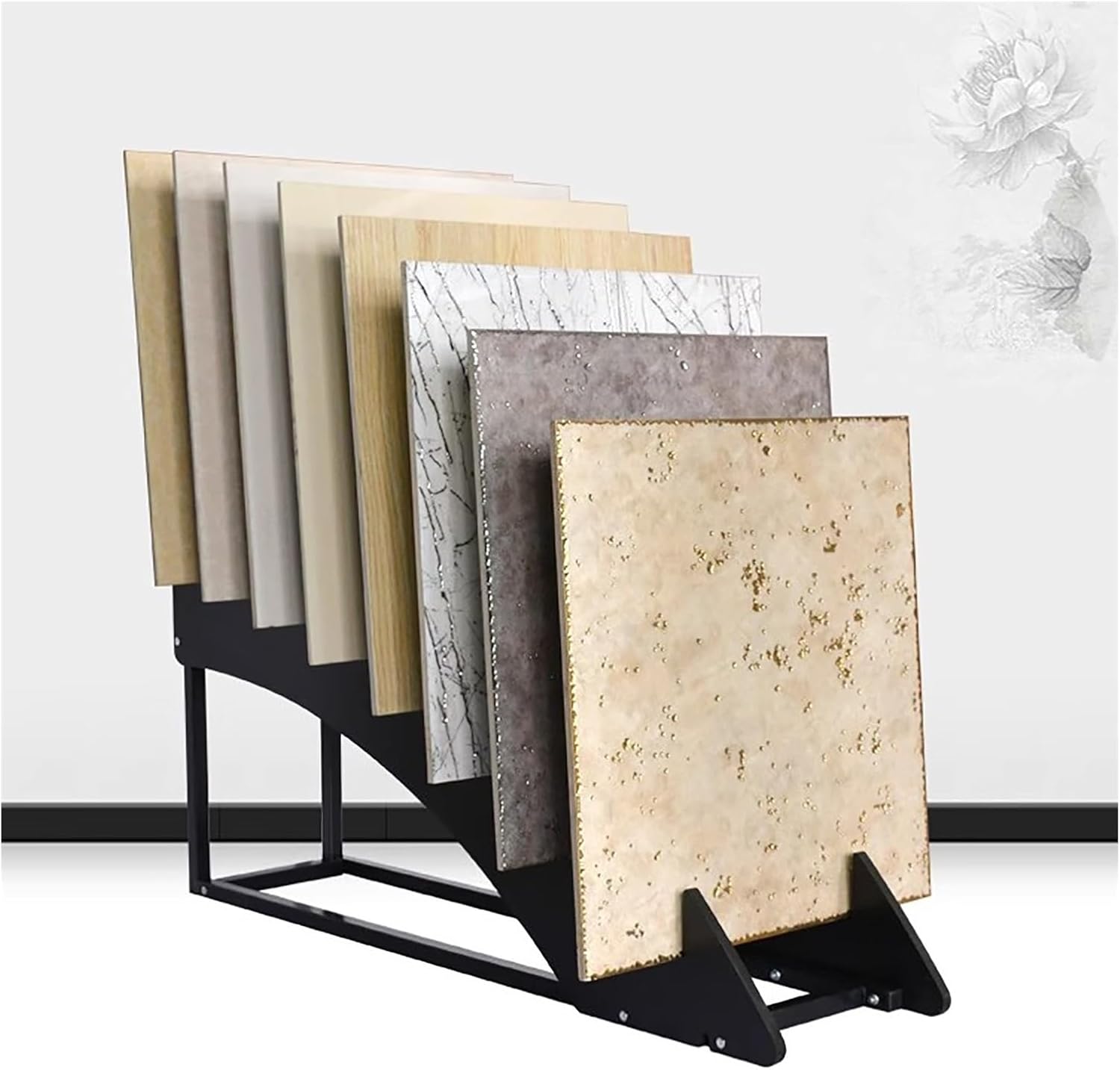 Ceramic Tiles Floor Porcelain Display Shelf,Floor Tile Display Stand with 17 Card Slots,Floor Porcelain Display Stand Rack,Ceramic Sample Holder for Retail Stores (Color : Black, Size : 53x60x116cm