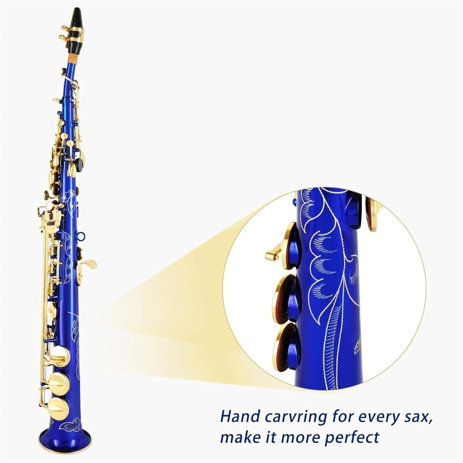 Bb Straight Saxophone Brass Gold Lacquer - Beginner To Intermediate Musical Instrument with Case & Accessories (Blue,Gold,Nickel)