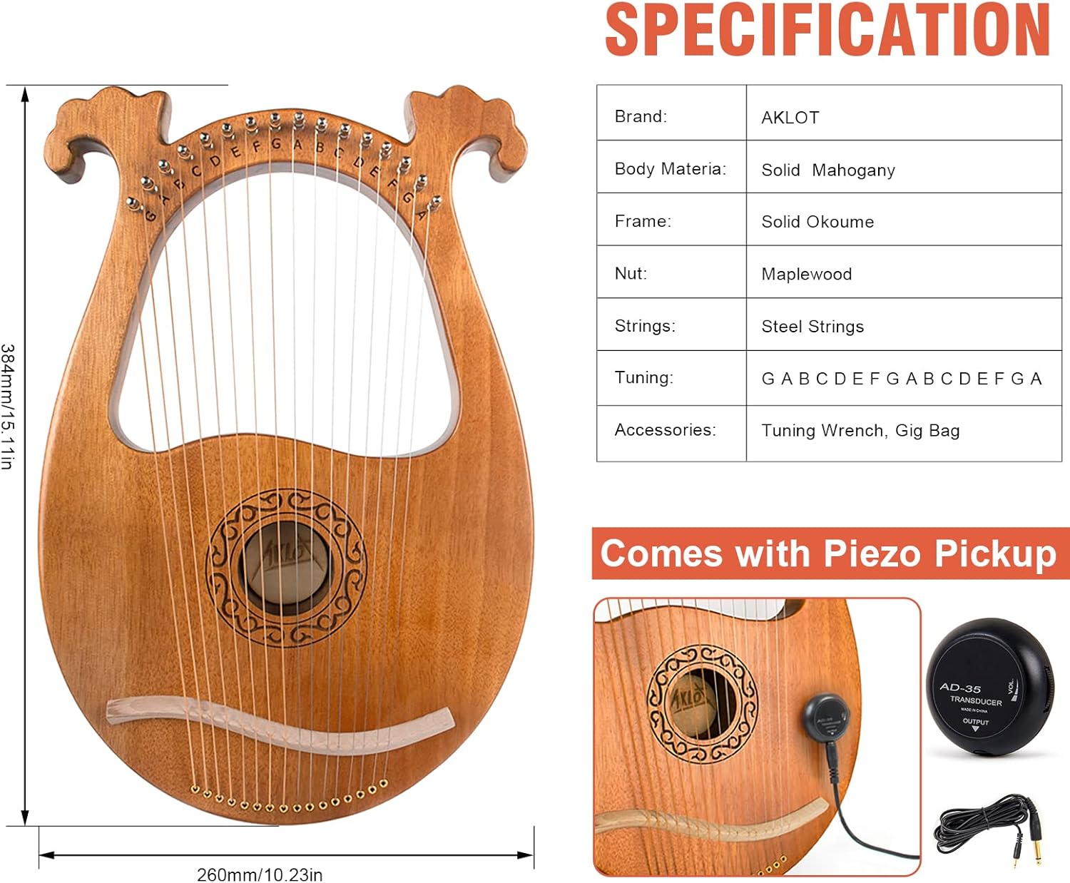 Lyre Harp, AKLOT 16 Metal Strings Mahogany Body Lyra Harp with Maple Saddle Carved Note Tuning Wrench Pickup Strings and Black Gig Bag