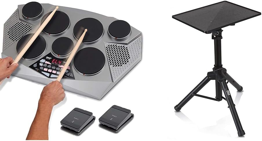 Pyle 7-Pad Digital Electric Tabletop Drum Machine Kit Bundle with Adjustable Heavy Duty Universal Laptop Stand