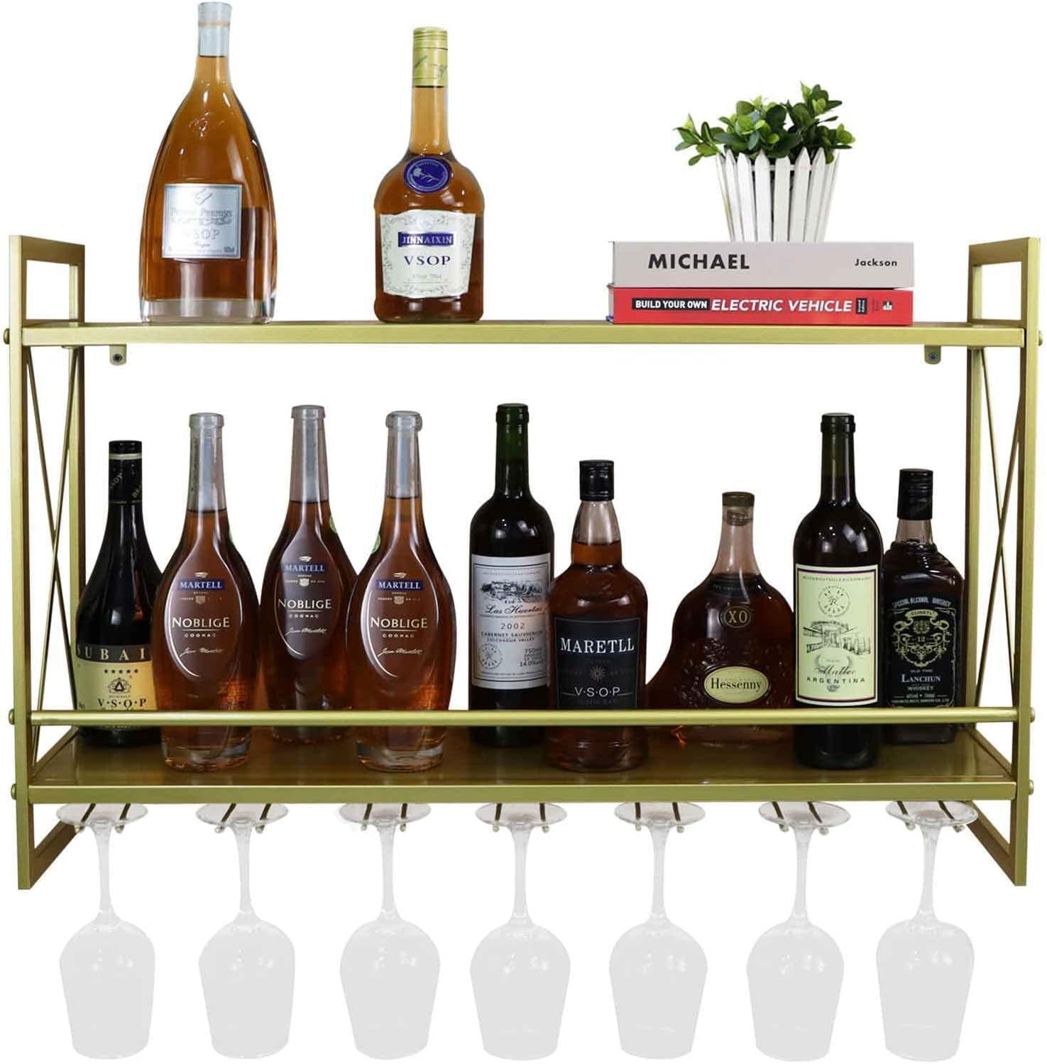 Industrial Wall Mounted Wine Racks with Glass Holder, 31.5in Rustic Metal Multipurpose Shelves, 2-Tiers Wall Mount Hanging Wine Holder Wine Accessories, Bottle Holder Glass Rack Wall Shelf