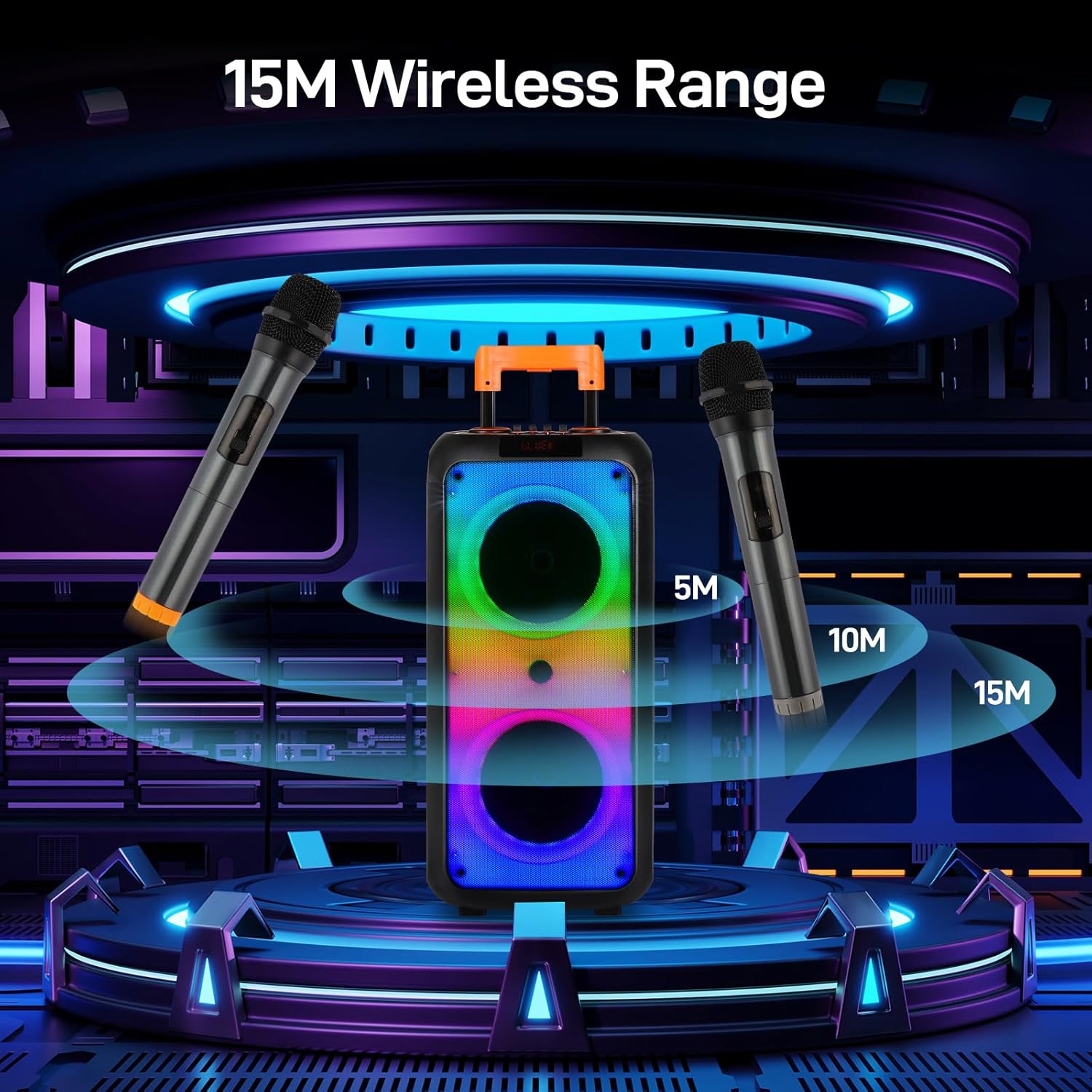 Ktaxon Karaoke Machine with 2 Wireless Microphones, Portable Outdoor & Indoor Bluetooth Speaker with Multi Light Modes, Dual 8
