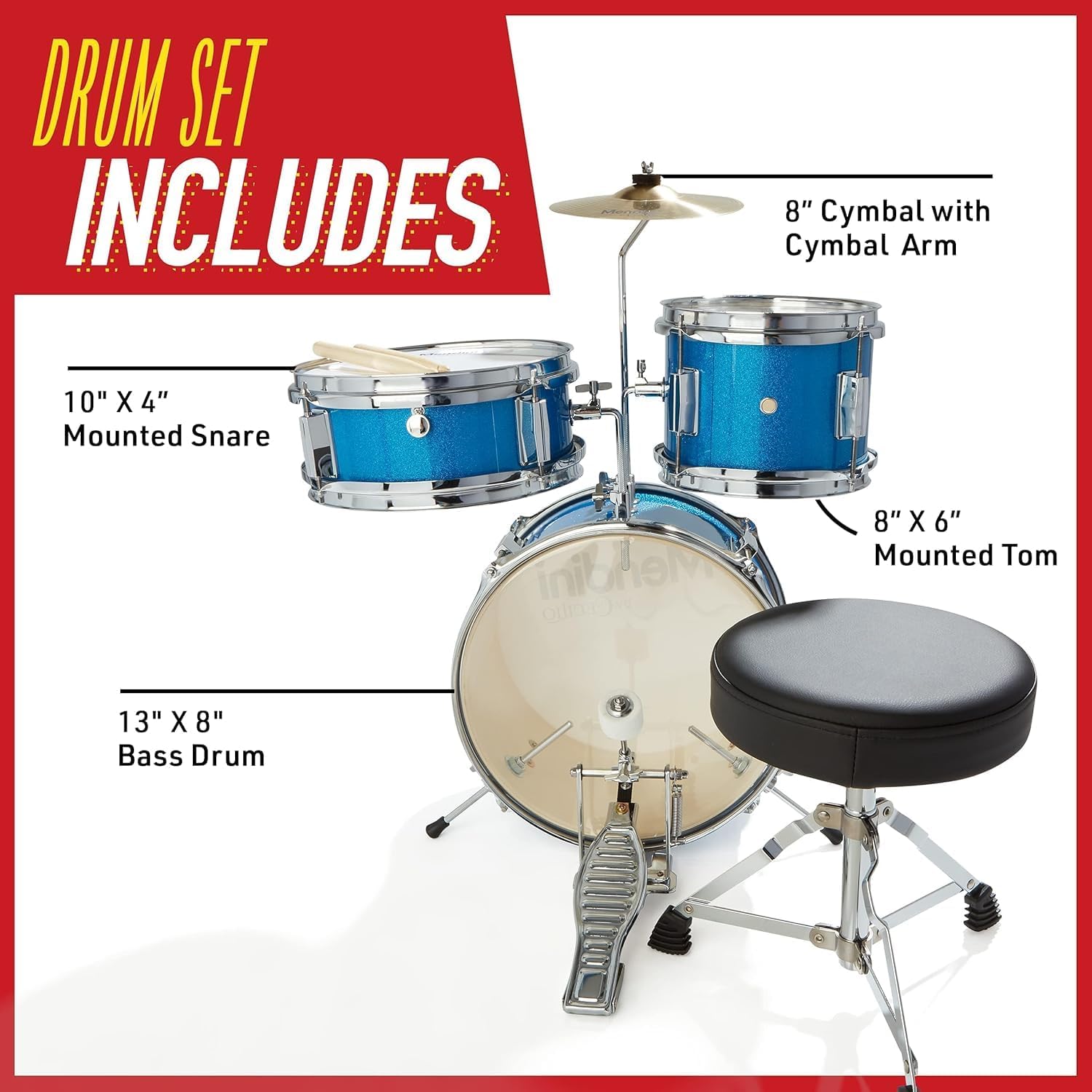Mendini By Cecilio Drum Set, 3 Piece Junior Drum Set for Beginners with Bass Tom Snare Drum, 13 inch Drum Kit with Snare, Cymbal, Drumsticks, Adjustable Seat (Sky Blue)