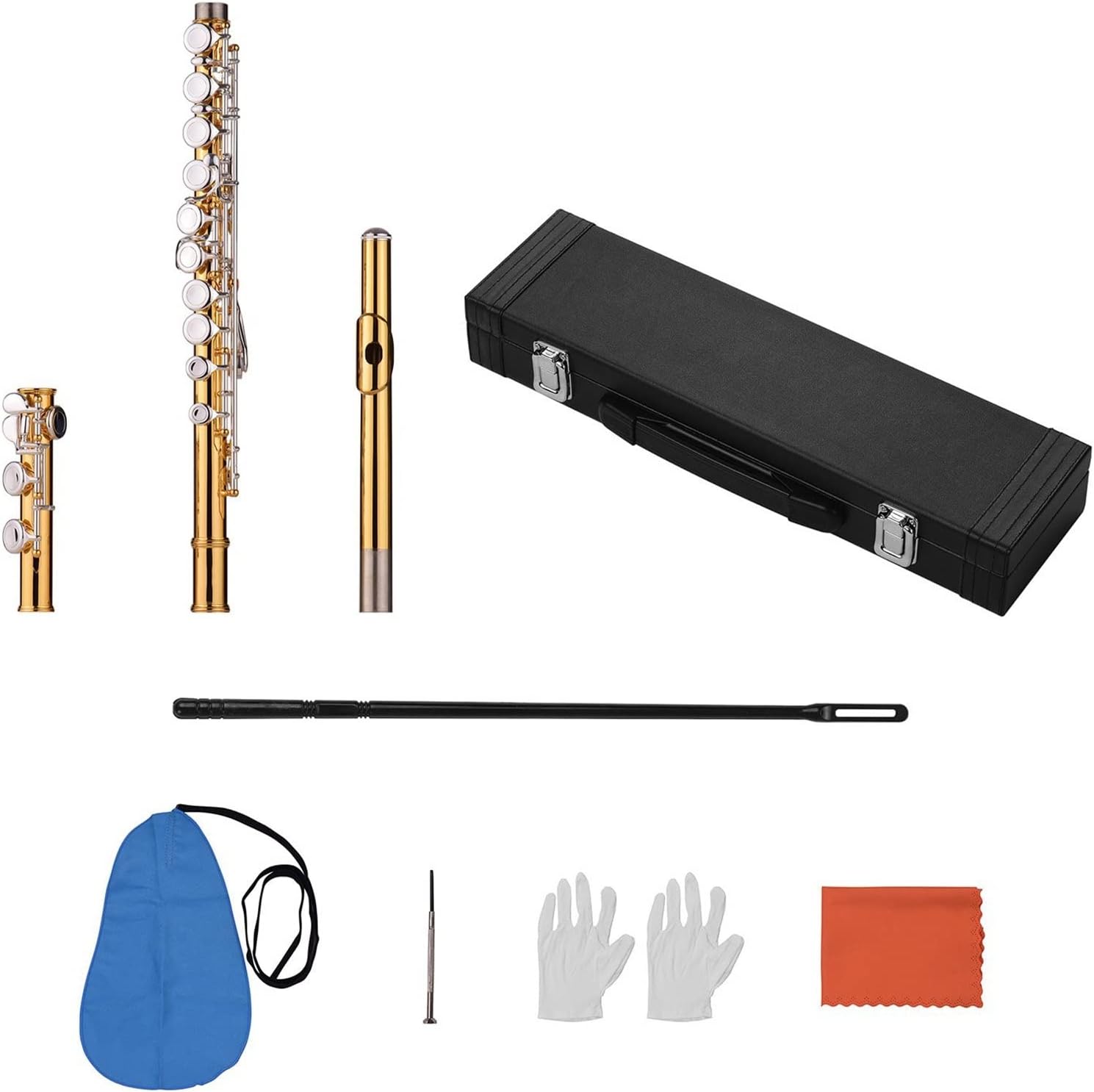 ZUZU Closed Hole C Flute Professional Cupronickel Gold- Plated Tube 16 Silver- Plated Keys Wind Instrument Beginners Flute