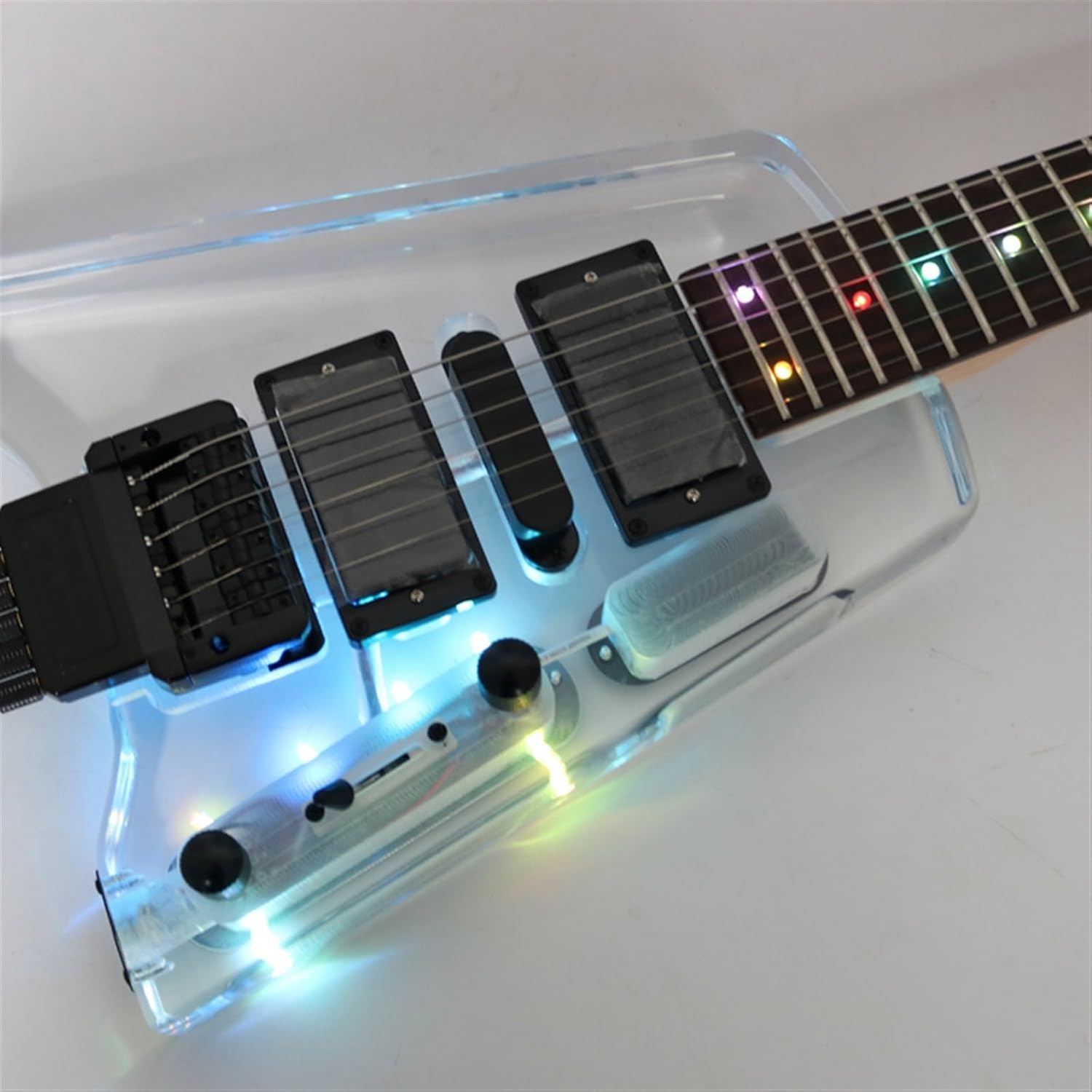 VENEKA Headless Electric Guitar Headless Portable Travel Acrylic Mini Electric Guitar with Tremolo Bridge and HHS Pickup