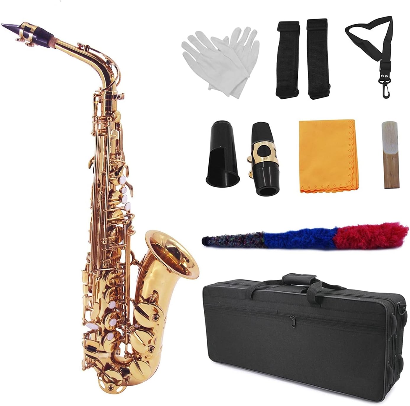 EB Alto Saxophone Sax Brass Lacquered Gold 802 Key Woodwind Instrument with Carrying Case Reed Cleaning Cloth Student Saxophone