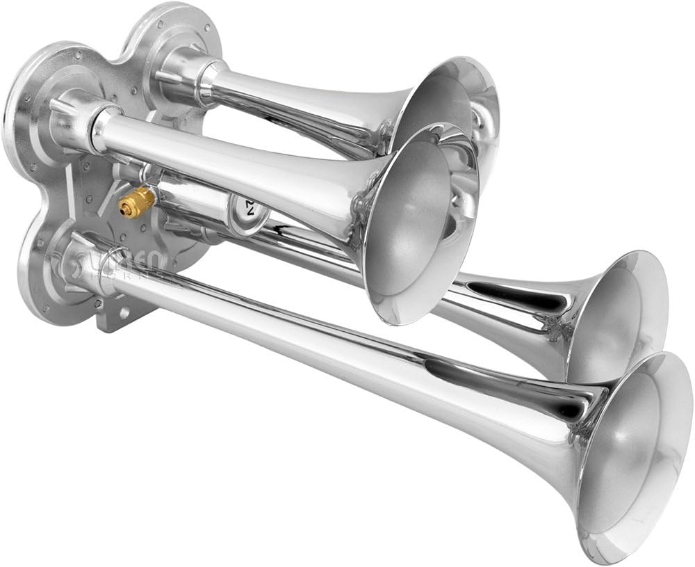 Vixen Horns Train Horn for Truck/Car. 4 Air Horn Chrome Plated Trumpets. Super Loud dB. Fits 12v Vehicles like Semi/Pickup/Jeep/RV/SUV VXH4114