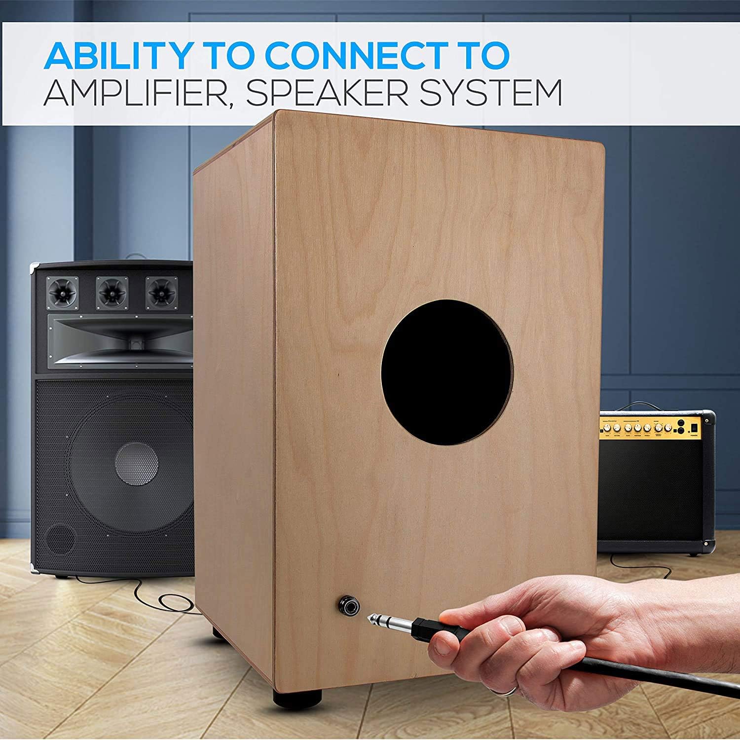 Pyle Wooden Hand Drum Percussion Beat Box-Hybrid Electronic Style Acoustic E-Cajon w/Built-in Pickup Connector, Internal Guitar Snare String PCJD50