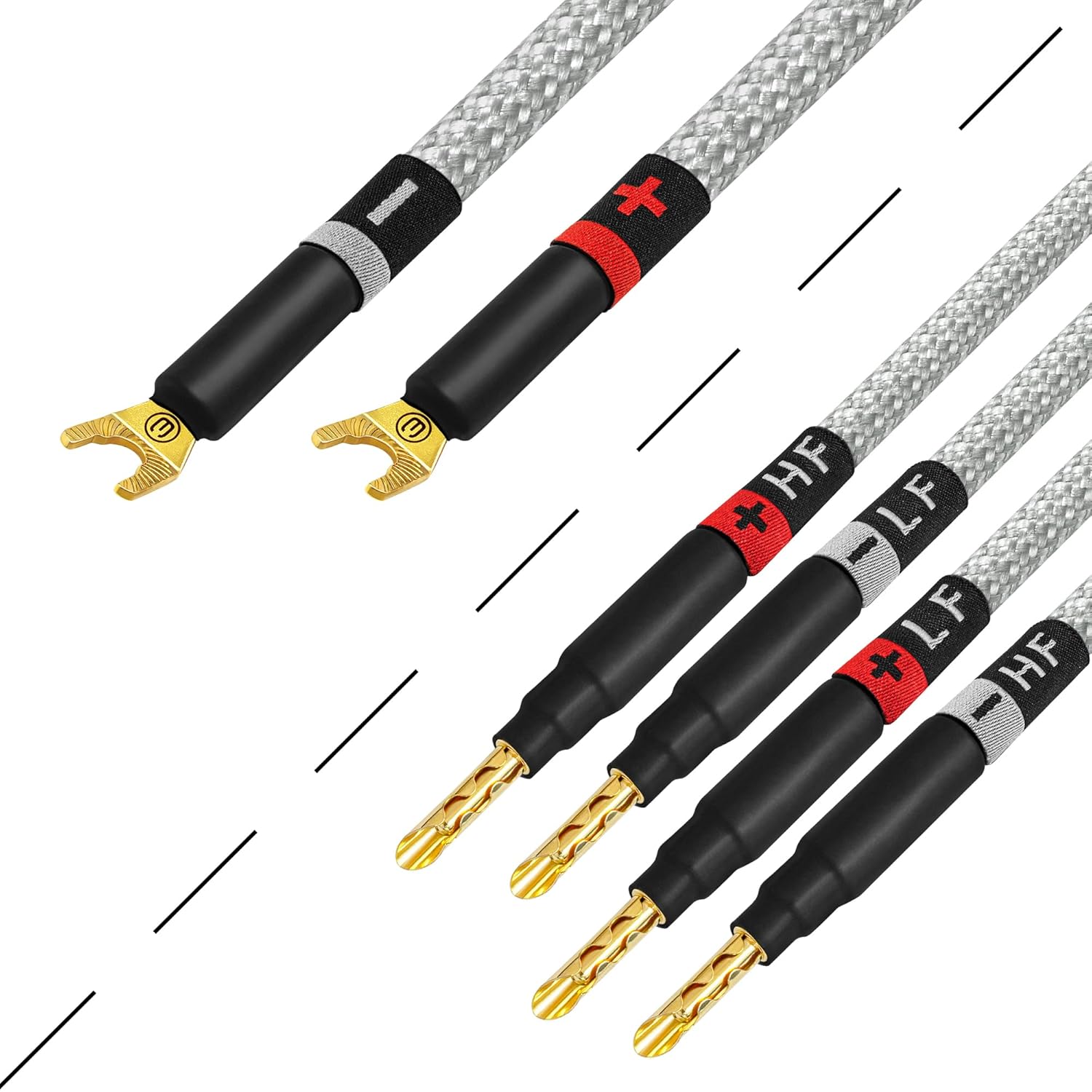 WORLDS BEST CABLES 3 Foot Ultimate - 9 AWG - Ultra-Pure OFC - Premium Audiophile HiFi Bi-Wire Speaker Cable Pair with Eminence Gold Spade (x2) & Banana (x4) Plugs & Silver Tweed Jacket