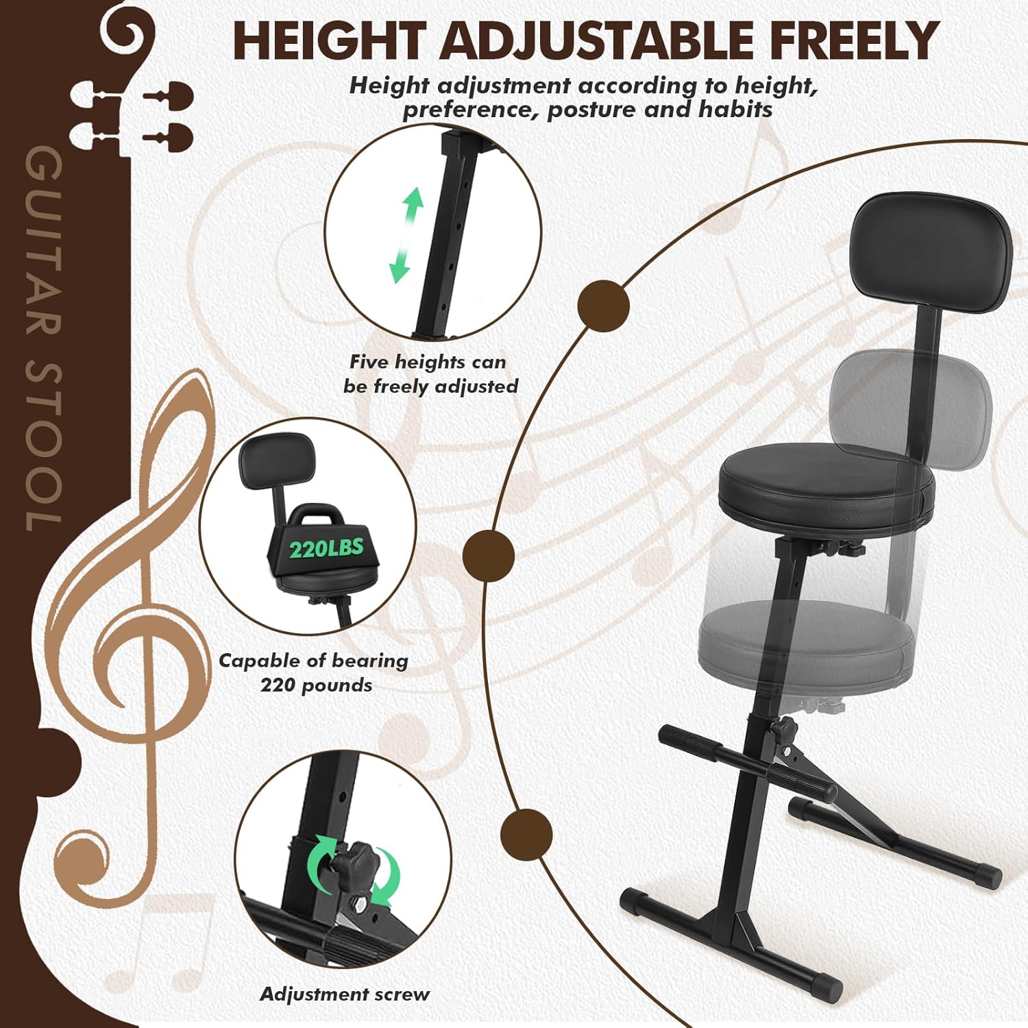 Guitar Stool with Back Support, Height Adjustable Professional Seat with Hanger, Musician Stool Guitarist Throne Guitar Chair, Black