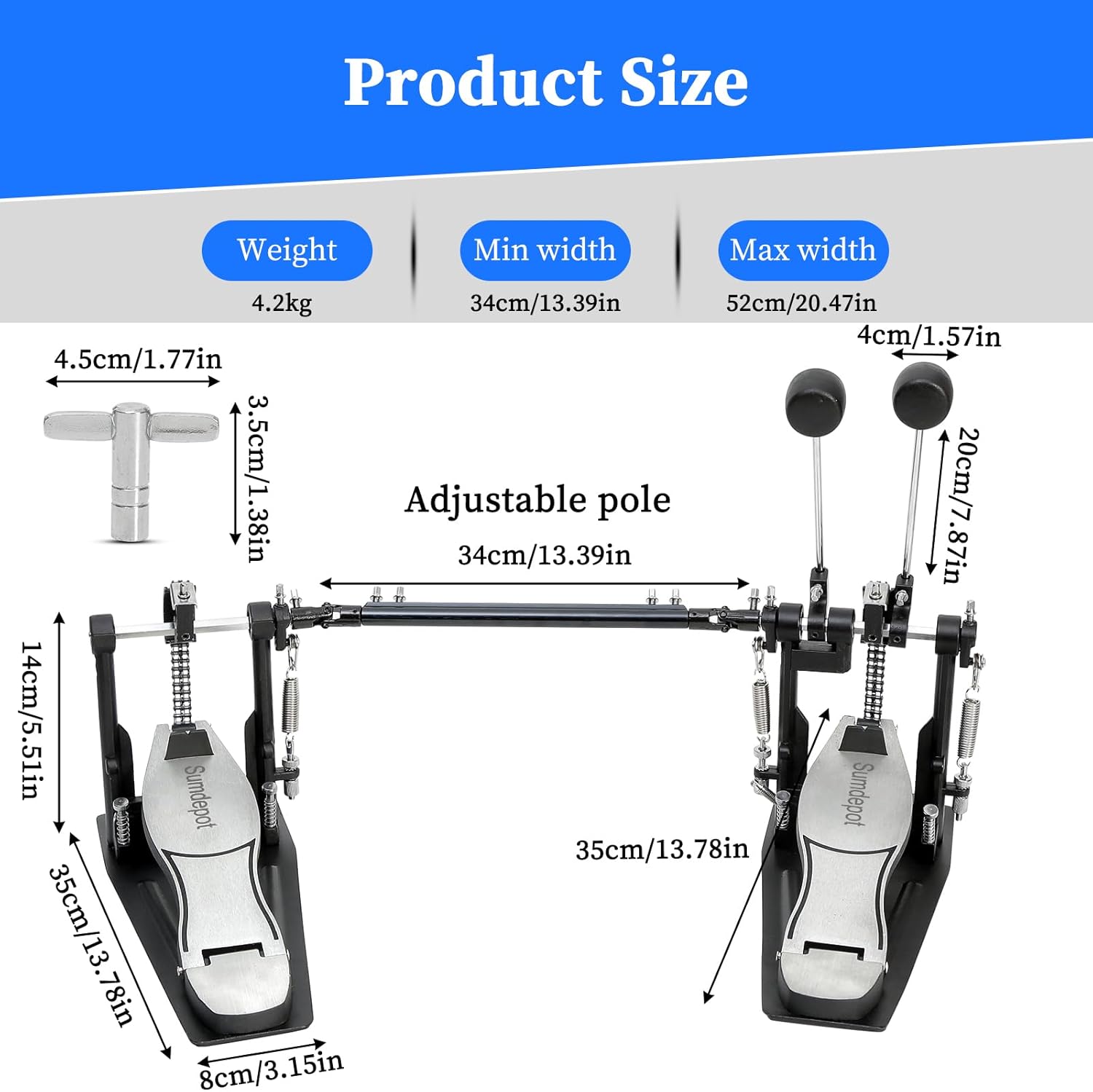 Double Bass drum Pedal,Double Bass Pedal with Adjustable Beater Head,Double Chain Drive Foot Kick Pedal with Drum Key for Drum Set and Electronic Drums (Silver, Double drum pedal)