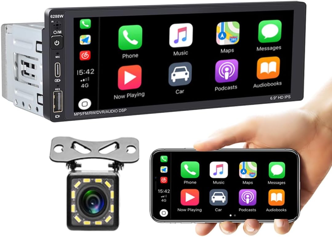 Eaglerich 1Din Car Radio Wireless Carplay & Android Auto 6.9-inch IPS Touch Screen Smart Voice Mirror Link Car Stereo with Bluetooth/FM/RDS/AM/USB Type-C+12Led Camera