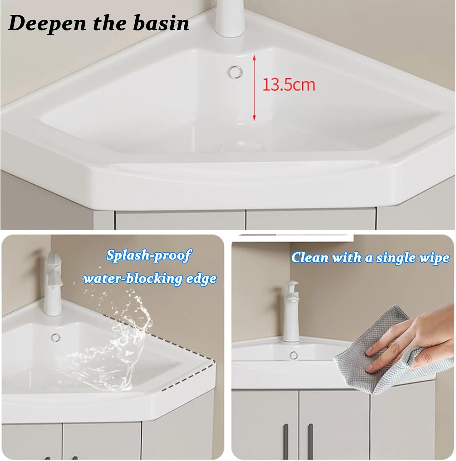 Corner Wall Mount Bathroom Sink, Corner Bathroom Sink, Corner Bathroom Vanity, Corner Ceramic Sink, Bathroom Sink with Storage Container, Gray(No Mirror)