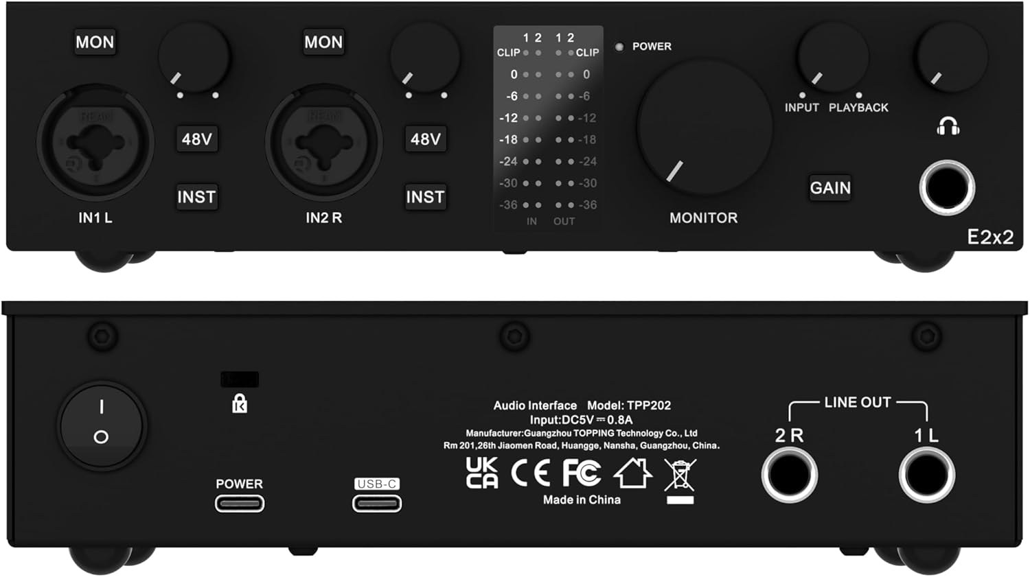 TOPPING E2X2 USB Audio Interface - High-Performance Mixer & Recording Interface for PC, Mac, iPhone & Android - Ultra-Linear Preamp, 48V Phantom Power, Low Noise, Real-Time Monitoring (White)